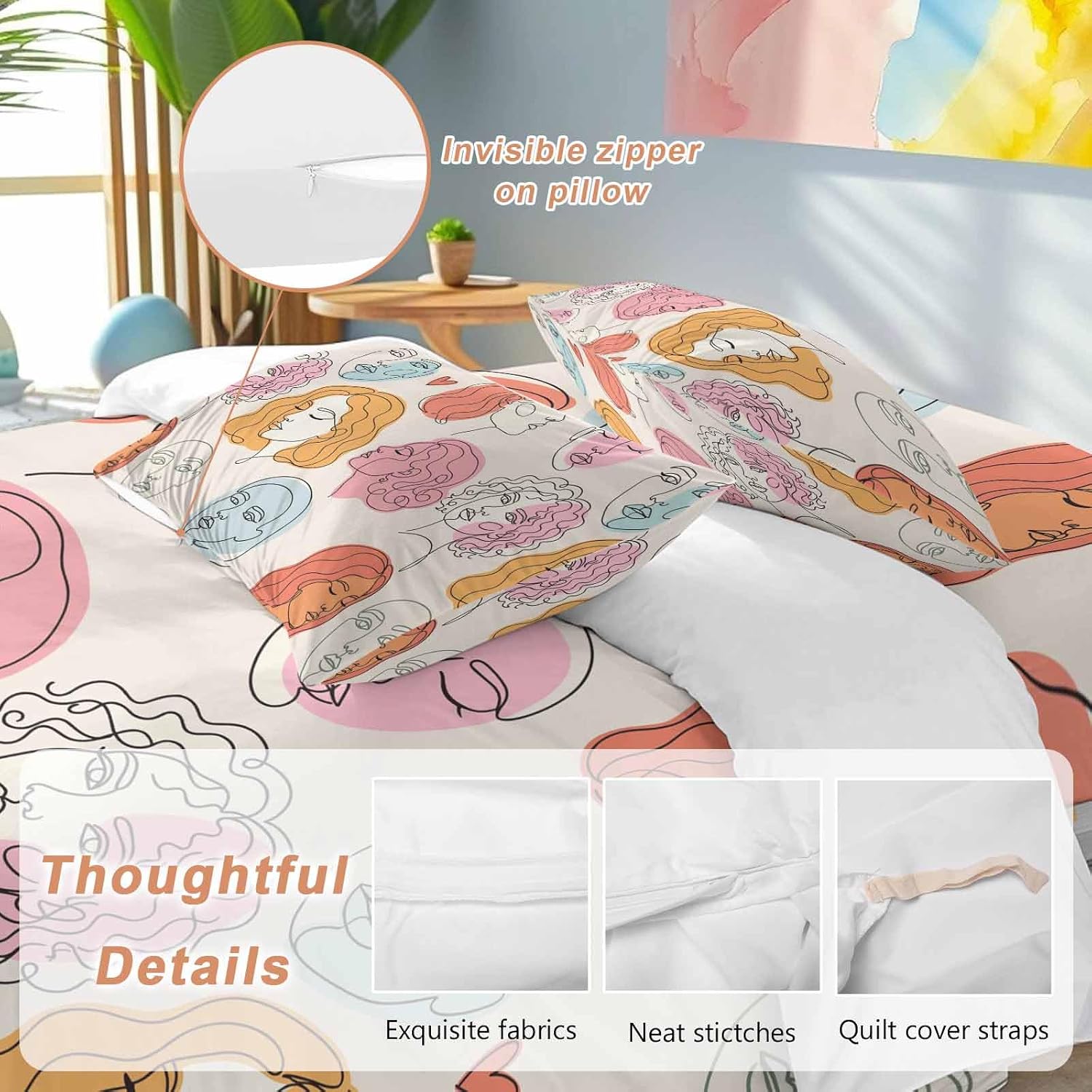 Abstract Face Painting Duvet Cover Set Queen Size 4 Pieces Boho Pink Portraits Minimalist Line Bedding Set with Zipper Closure, 1 Comforter Cover 90x92 Inches 1 Flat Sheet & 2 Pillow Cases