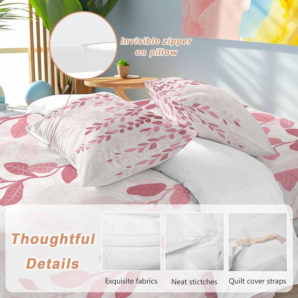 Prime Leader Plants Gradient Duvet Cover Set Queen Size 4 Pieces Pink Leaves Farmhouse Style Bedding Set with Zipper Closure, 1 Comforter Cover 92x106 Inches 1 Flat Sheet & 2 Pillow Cases