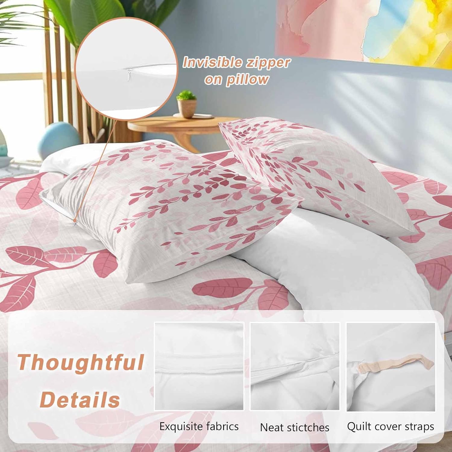 Prime Leader Plants Gradient Duvet Cover Set Queen Size 4 Pieces Pink Leaves Farmhouse Style Bedding Set with Zipper Closure, 1 Comforter Cover 92x106 Inches 1 Flat Sheet & 2 Pillow Cases
