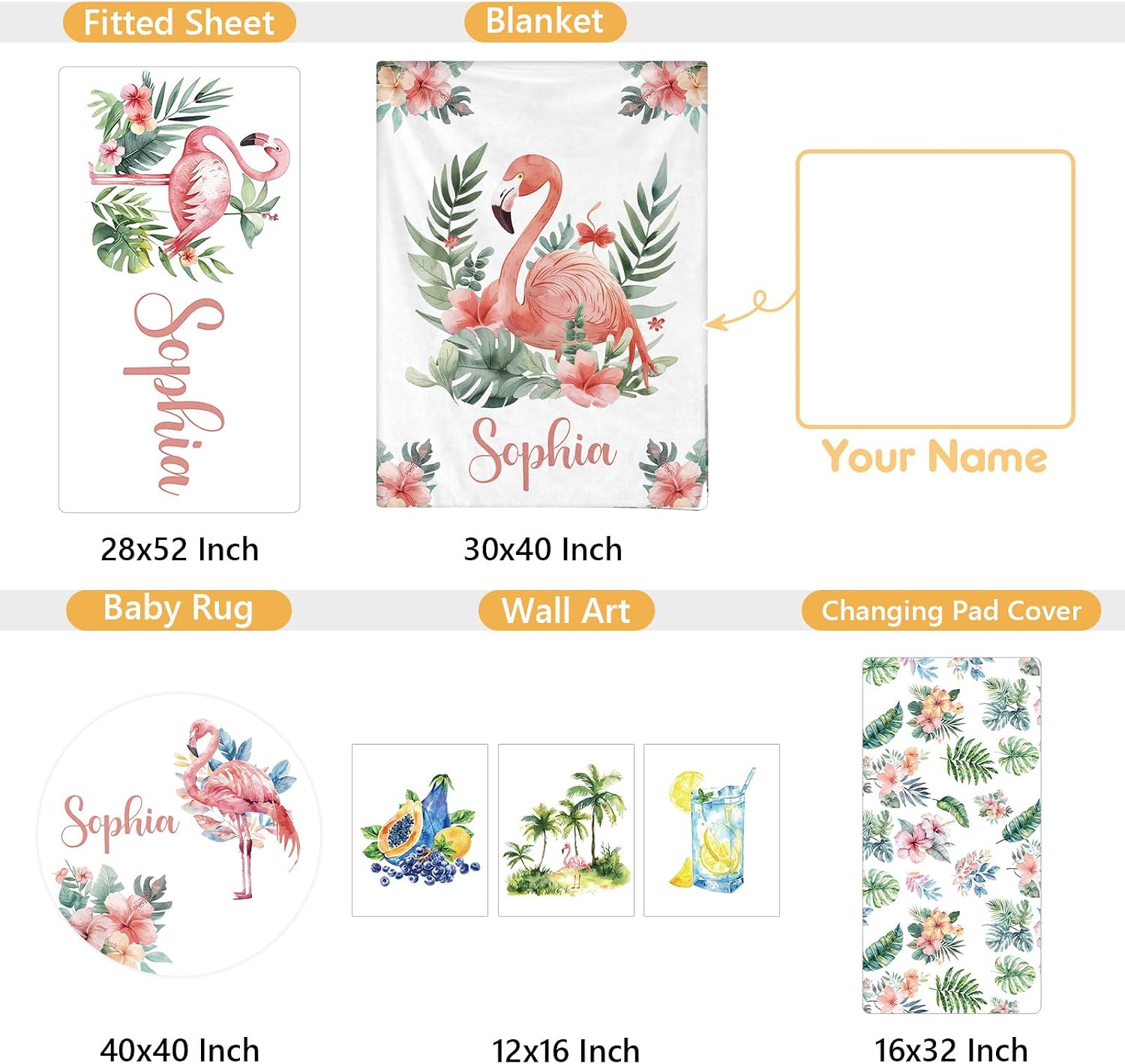 Terwex Personalized Baby Crib Bedding Set, 5 Pcs Custom Name Nursery Bedding Set, Flamingo Baby Bedding Set for Girls Boys, Double Layer Flannel Baby Crib Set, Toddlers Kids Infants Customized Gifts