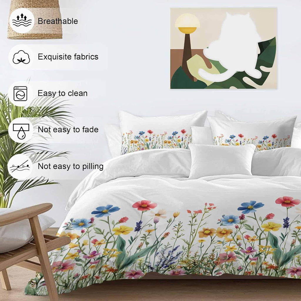 Spring Summer Duvet Cover Set Queen Size 4 Pieces Colorful Wildflower Leaves Sage Green Leaf Bedding Set with Zipper Closure, 1 Comforter Cover 92x106 Inches 1 Flat Sheet & 2 Pillow Cases
