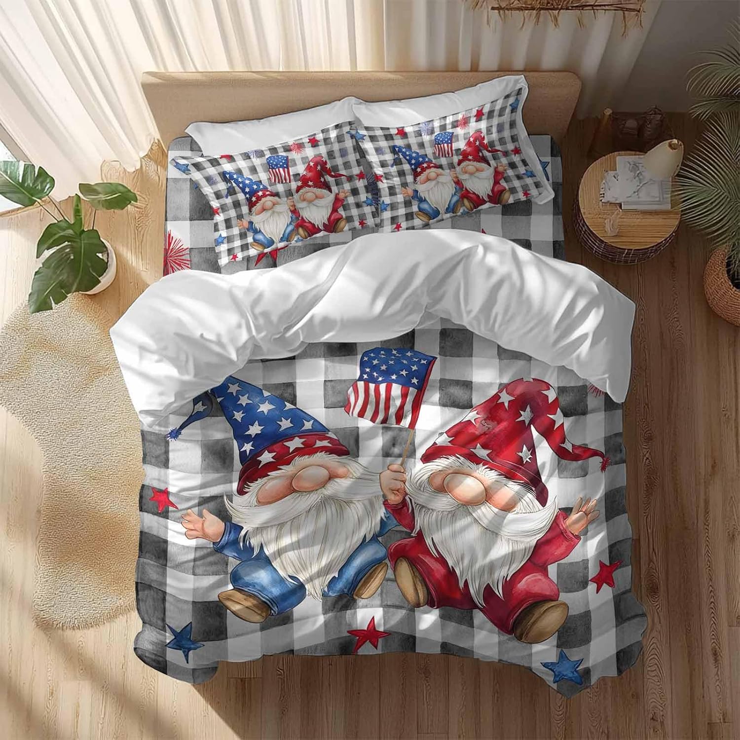Prime Leader Independence Day Duvet Cover Set Queen Size 4 Pieces Patriotic Gnomes USA Flag Black Plaid Bedding Set with Zipper Closure, 1 Comforter Cover 90x92 Inches 1 Flat Sheet & 2 Pillow Cases