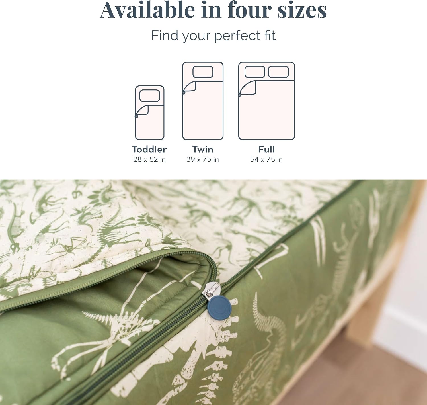 Beddy's Dinosaur T-Rex Durable Zipper Bedding for Kids - Green Sheets & Comforter with Dino Fossils - Includes 2 Pillowcases & 2 Shams - Easy to Make & Wash- Full