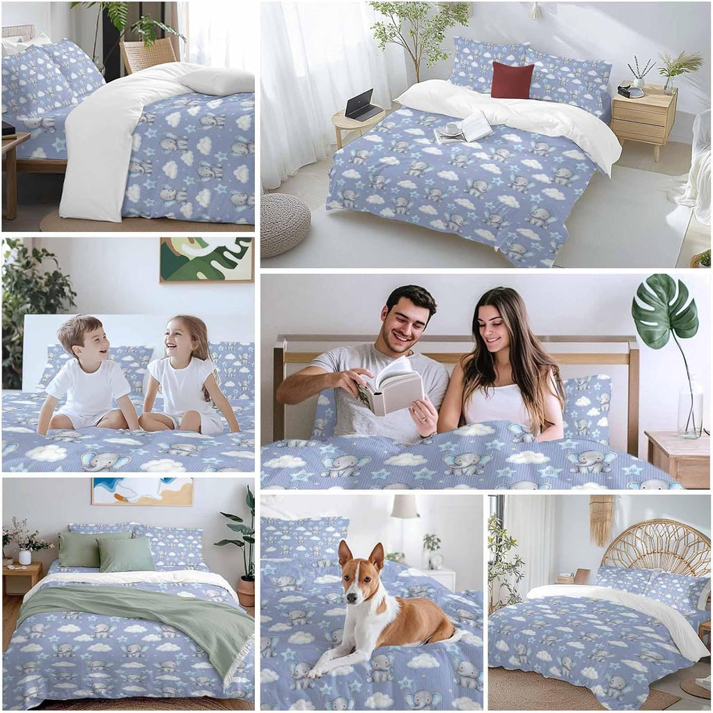 Blue Dreamy Elephant Duvet Cover Set Queen Size 4 Pieces Cartoon Animal Cloud Stars Fairytale Style Bedding Set with Zipper Closure, 1 Comforter Cover 92x106 Inches 1 Flat Sheet & 2 Pillow Cases