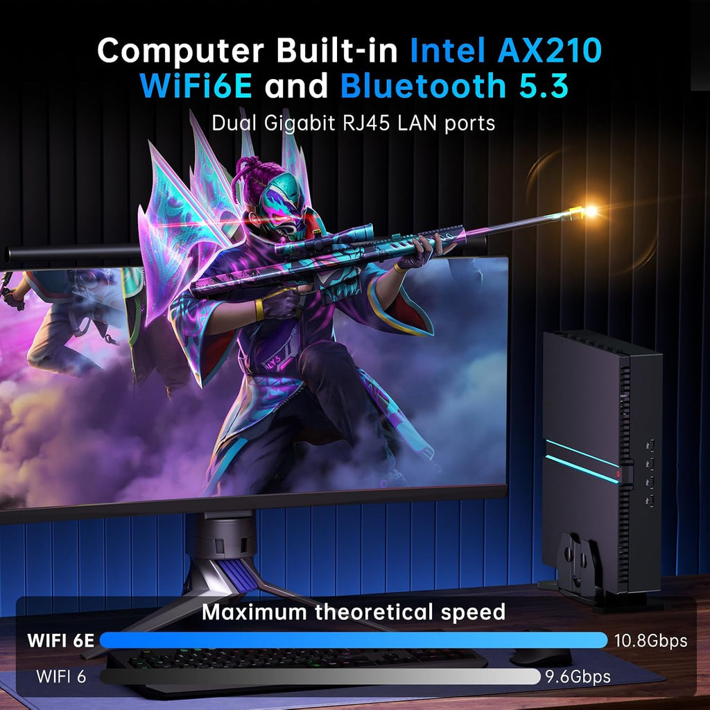 Ai Mini PC, Desktop Computer i9-13900F 24 Cores Upto 5.6GHz, 64G DDR5, 2T M.2 PCIE4.0 SSD, Win-11 Pro, GeForce RTX4070 12G, Four Display, 8K@60Hz, Dual LAN, WiFi6E, Multitasking, Video Server