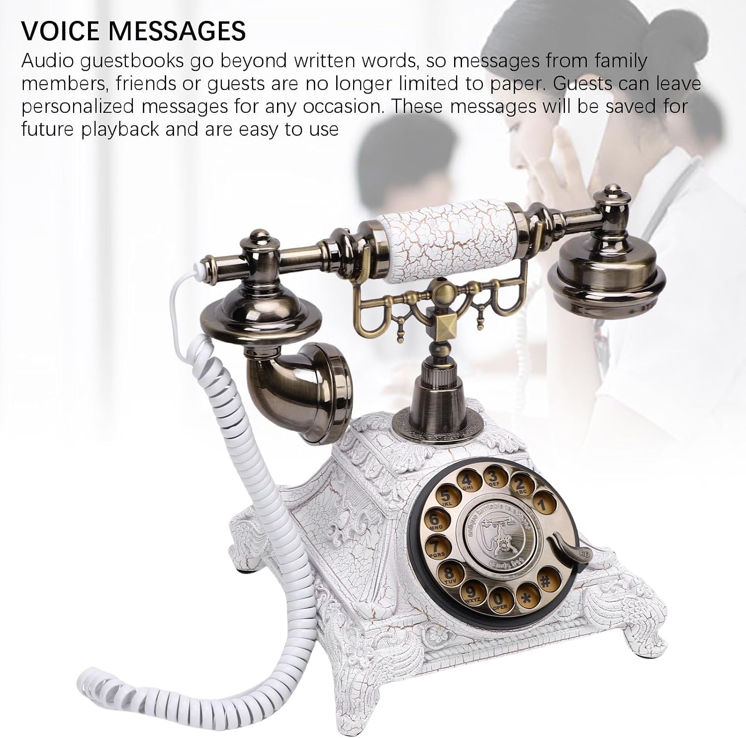 Audio Guest Book Phone, 32G Capacity Vintage Retro Telephone, Retro Audio Telephone Recording Customized Voice Message for Your Wedding Party, Wedding Idea Alternative (White)