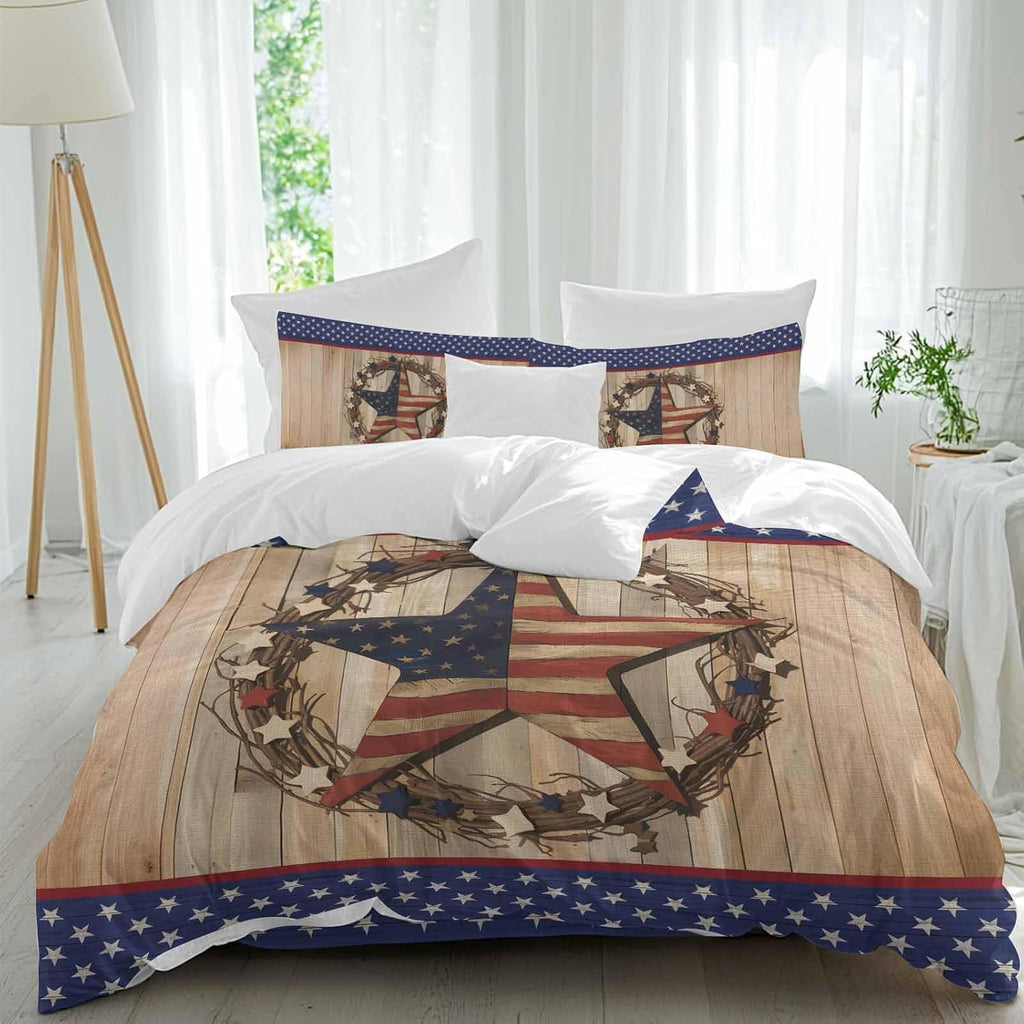 Prime Leader Independence Day Duvet Cover Set Queen Size 4 Pieces Vintage Stars Stripes Wood Grain Bedding Set with Zipper Closure, 1 Comforter Cover 92x106 Inches 1 Flat Sheet & 2 Pillow Cases
