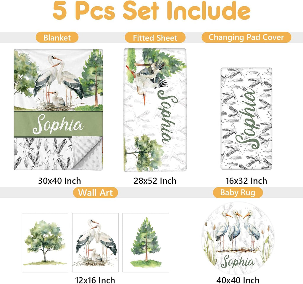 Terwex Custom Baby Crib Bedding Set, 5 Pcs Personalized Name Baby Crib Sets for Infant Toddler, Green Crane Nursery Bedding Set for Boy Girl, Double Layer Flannel Baby Bedding Sets Customized Gifts