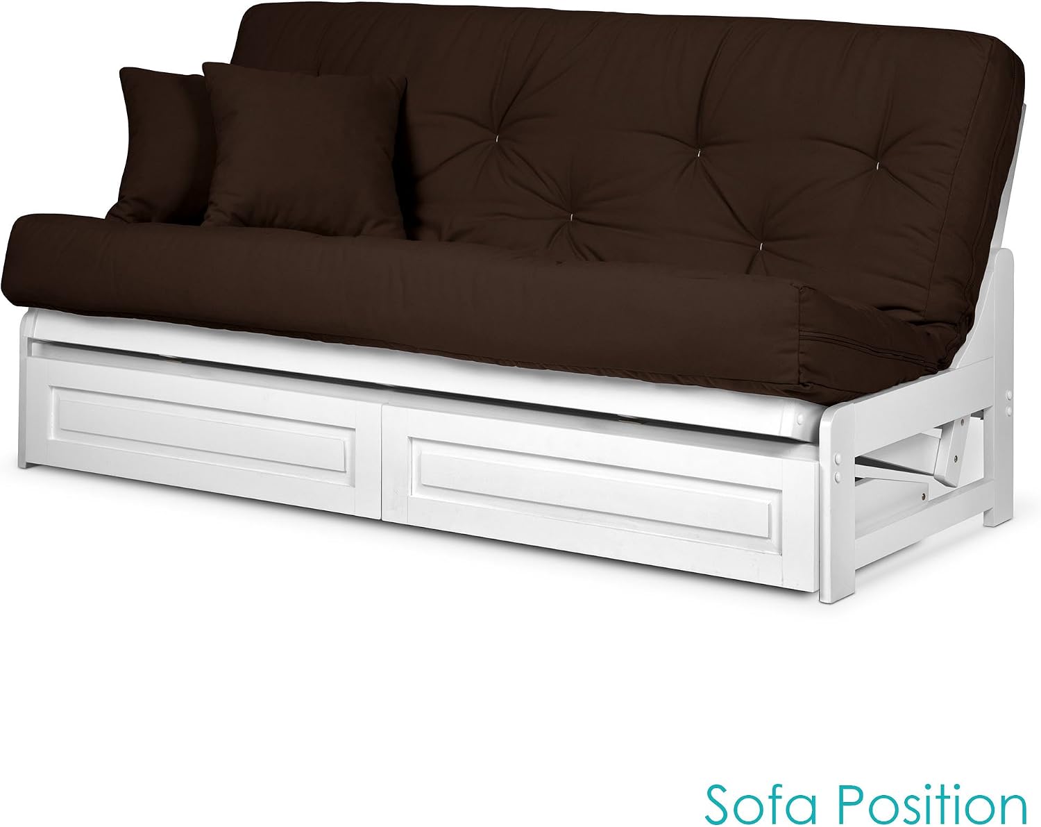 Nirvana Futons Arden White Futon with Storage Drawers Queen Size - Minimalist Armless Design with 8 Inch Comfortable Mattress Included (Microfiber Sussex Fudge), Sofa Bed Available in