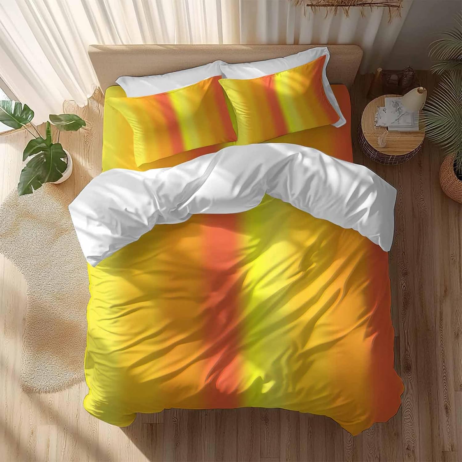 Yellow Orange Red Ombre Duvet Cover Set Queen Size 4 Pieces Minimalist Abstract Stripes Texture Bedding Set with Zipper Closure, 1 Comforter Cover 86x86 Inches 1 Flat Sheet & 2 Pillow Cases
