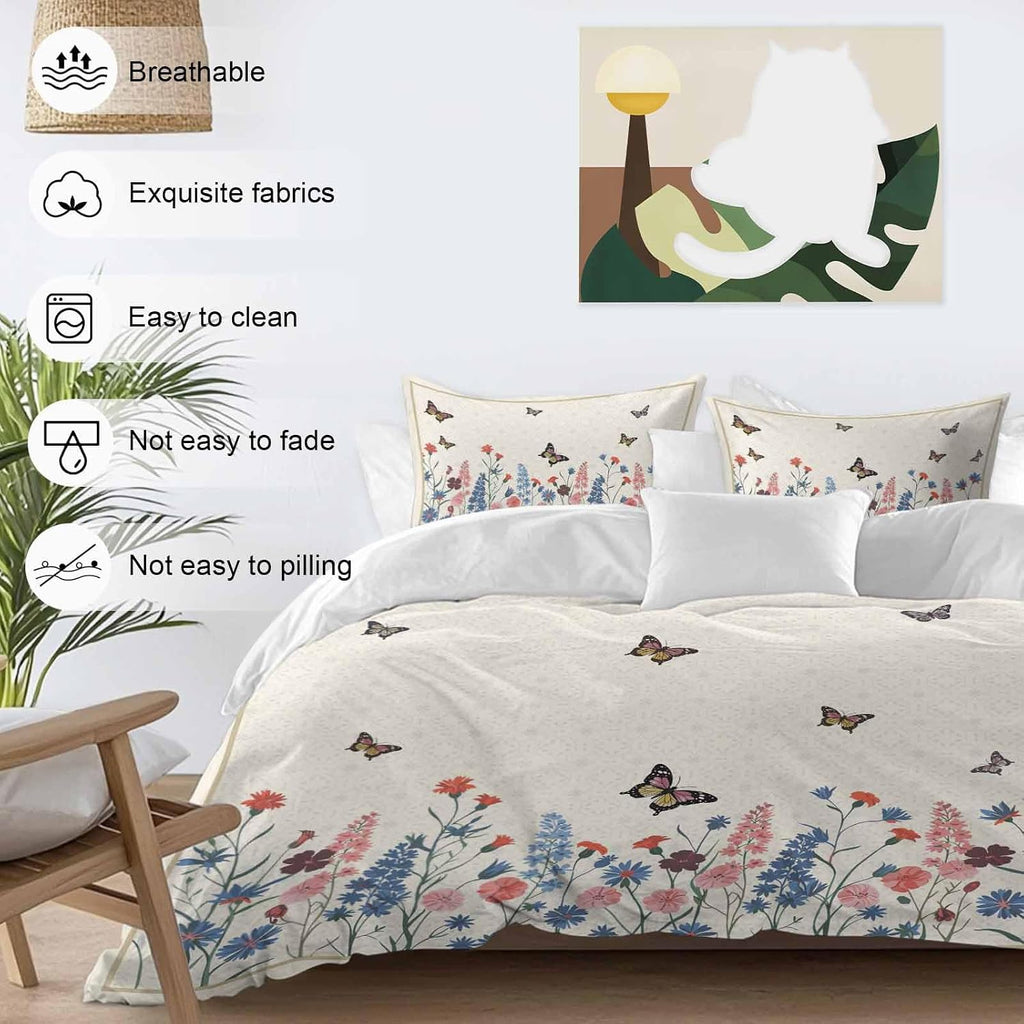 Spring Florals Duvet Cover Set Queen Size 4 Pieces Vintage Pink Blue Flower Butterflies Plants Bedding Set with Zipper Closure, 1 Comforter Cover 92x106 Inches 1 Flat Sheet & 2 Pillow Cases