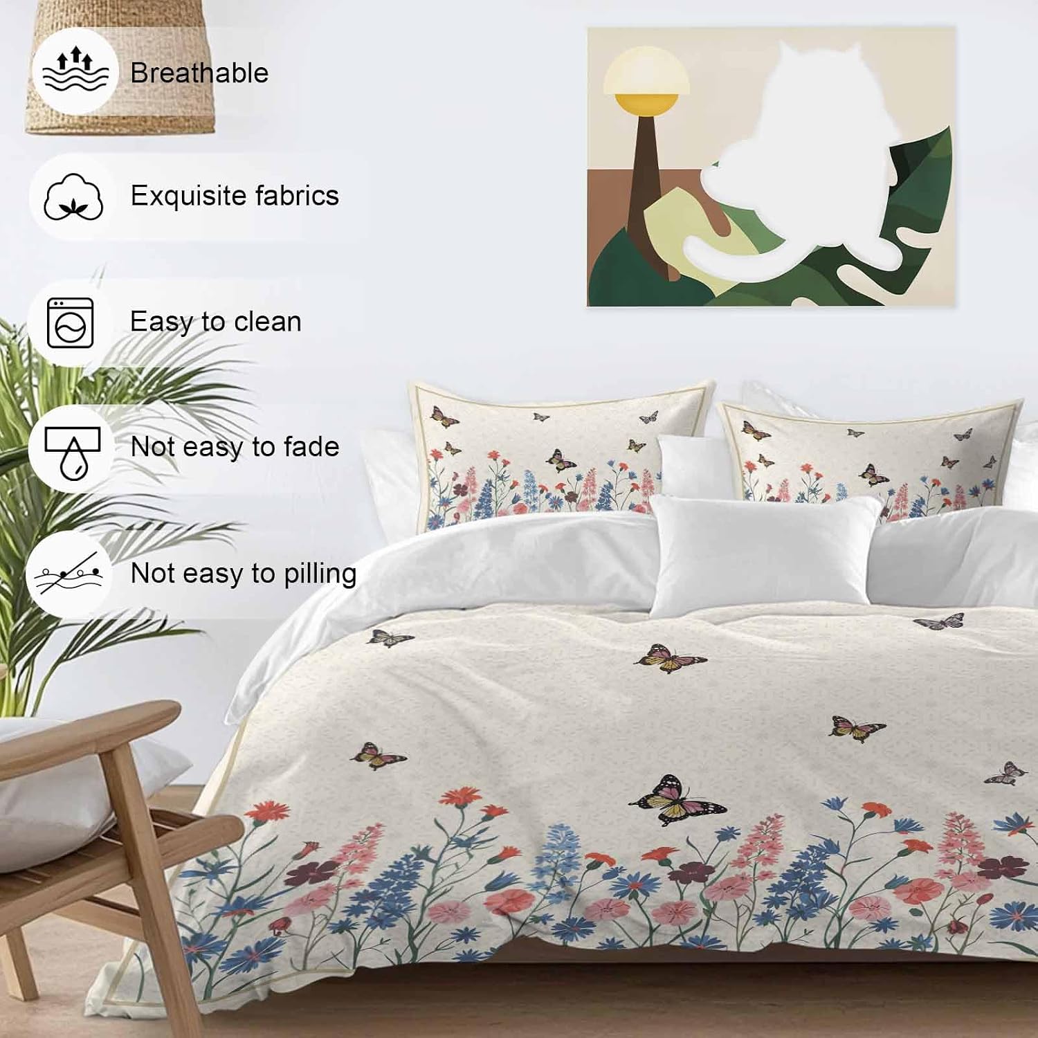 Spring Florals Duvet Cover Set Queen Size 4 Pieces Vintage Pink Blue Flower Butterflies Plants Bedding Set with Zipper Closure, 1 Comforter Cover 92x106 Inches 1 Flat Sheet & 2 Pillow Cases