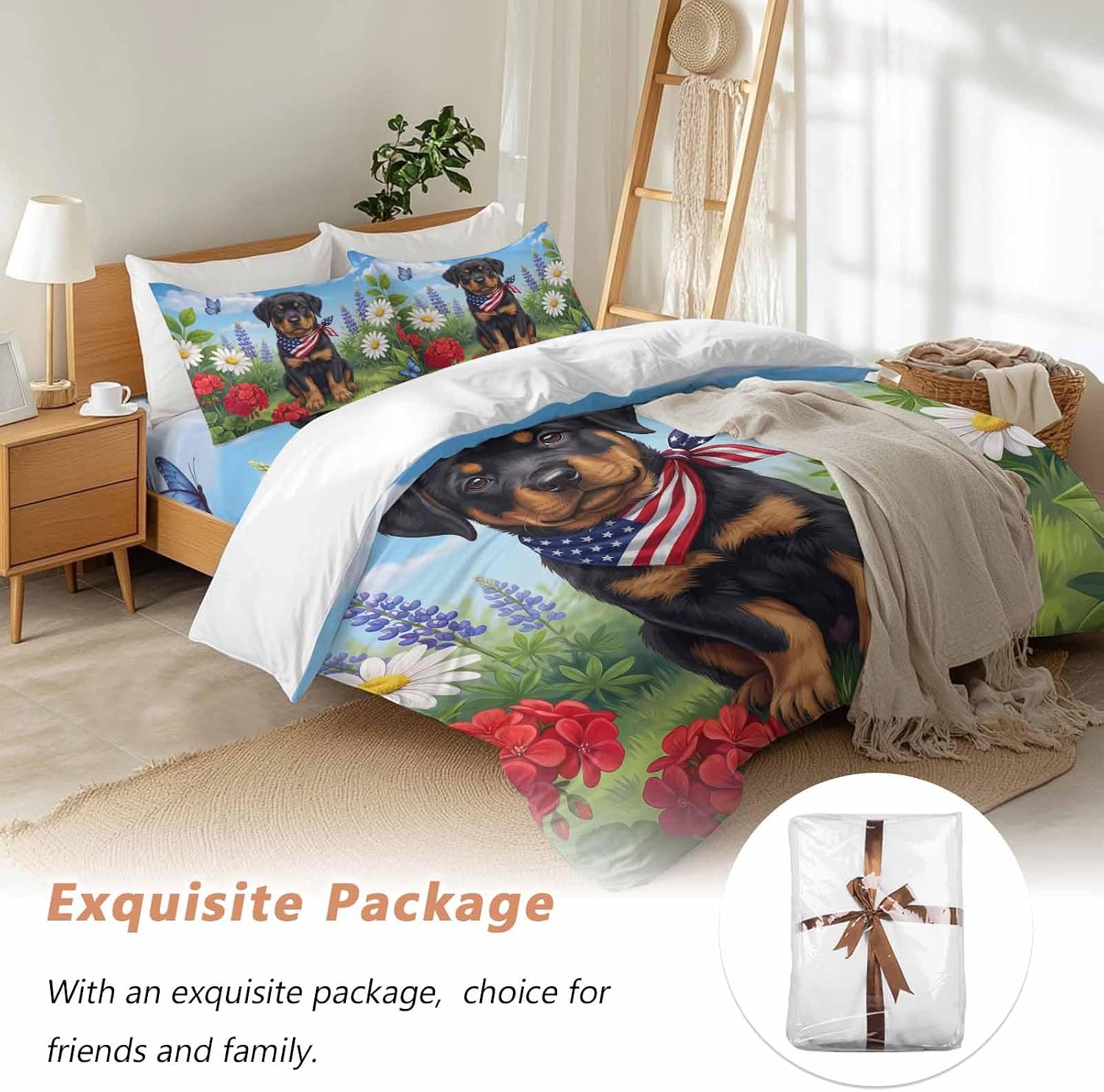 Independence Day Duvet Cover Set Queen Size 4 Pieces Watercolor U. S. Flag Cute Rottweiler Butterfly Bedding Set with Zipper Closure, 1 Comforter Cover 90x92 Inches 1 Flat Sheet & 2 Pillow Cases