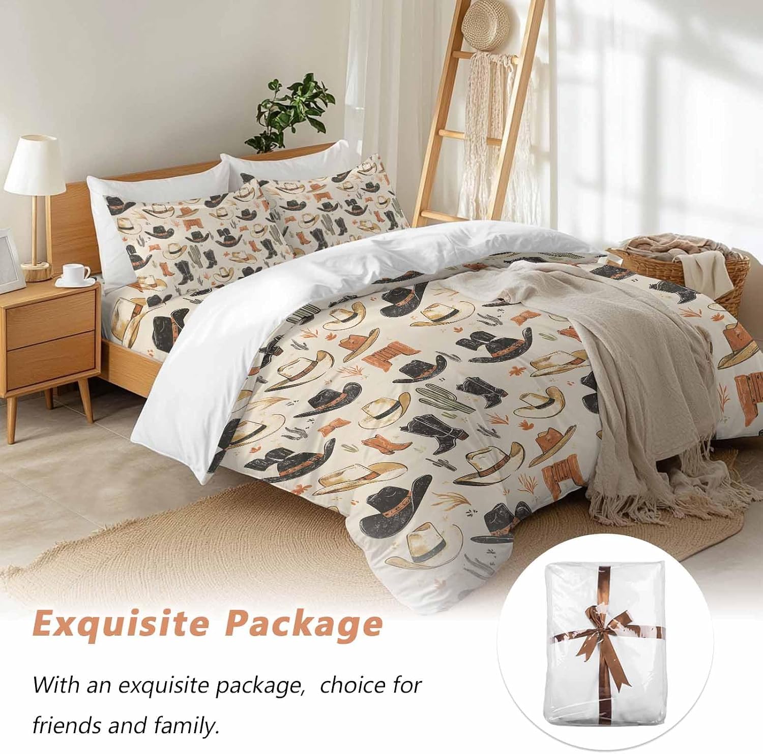 Prime Leader Western Cowboy Duvet Cover Set Queen Size 4 Pieces Boots Hat Vintage Desert Cactus Bedding Set with Zipper Closure, 1 Comforter Cover 90x92 Inches 1 Flat Sheet & 2 Pillow Cases