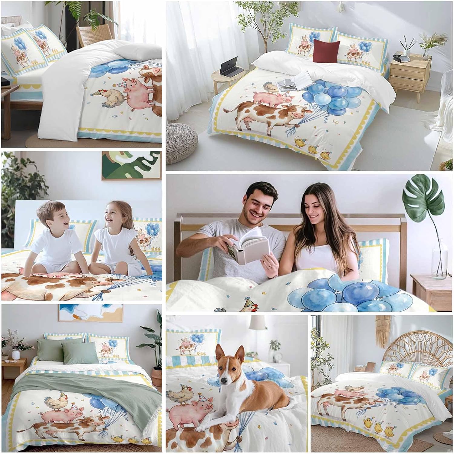 Pig Cow Duvet Cover Set Queen Size 4 Pieces Hen Chicks Blue Balloons Watercolor Animal Yellow Border Striped Bedding Set with Zipper Closure,1 Comforter Cover 90x92 Inches 1 Flat Sheet&2 Pillow Cases
