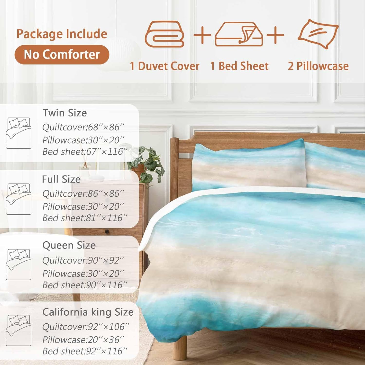 Summer Beach Duvet Cover Set Queen Size 4 Pieces Blue Gradient Ocean Wave Beige Sand Abstract Bedding Set with Zipper Closure, 1 Comforter Cover 86x86 Inches 1 Flat Sheet & 2 Pillow Cases