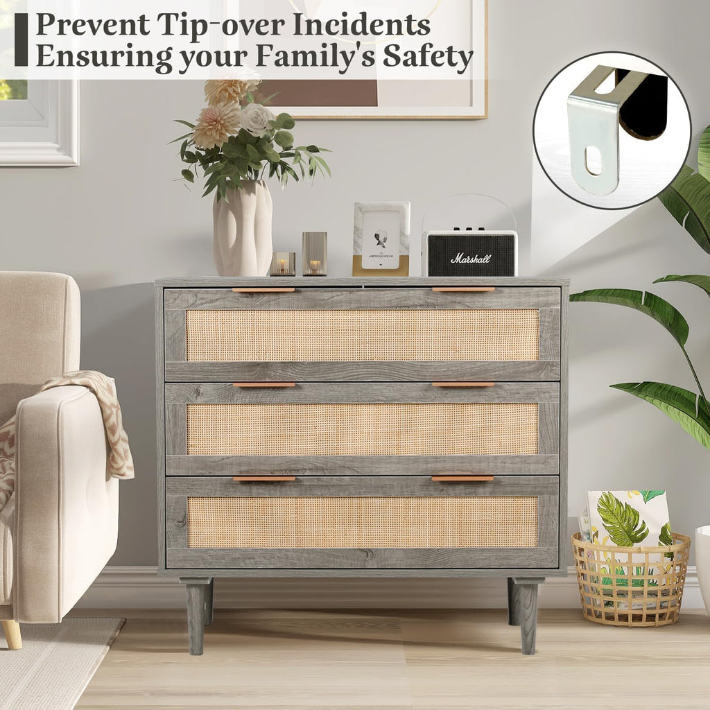 HOPUBUY Large Nightstand Set of 2 with Rattan Drawer, Modern 3 Drawer Night Stand for Bedroom, Wooden Bedside Table for Queen Size and King Size Bed,Grey