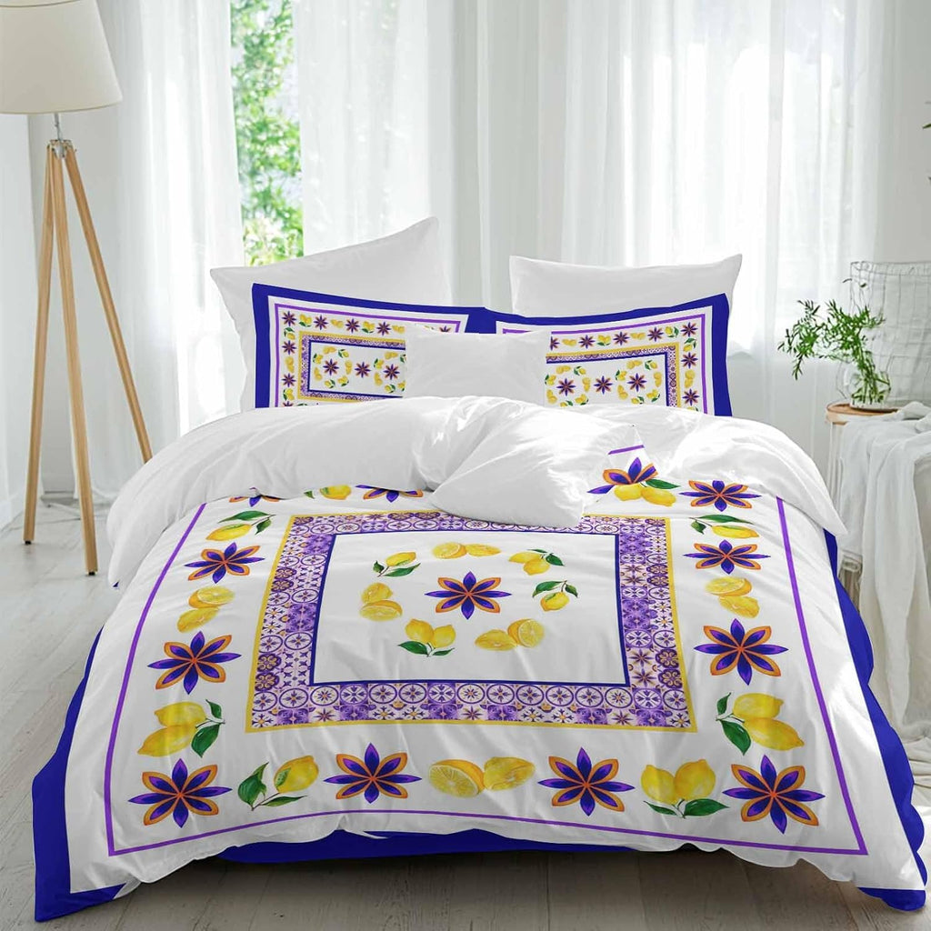 Mediterranean Style Lemon Floral Duvet Cover Set Queen Size 4 Pieces Blue Border Countryside Bedding Set with Zipper Closure, 1 Comforter Cover 92x106 Inches 1 Flat Sheet & 2 Pillow Cases