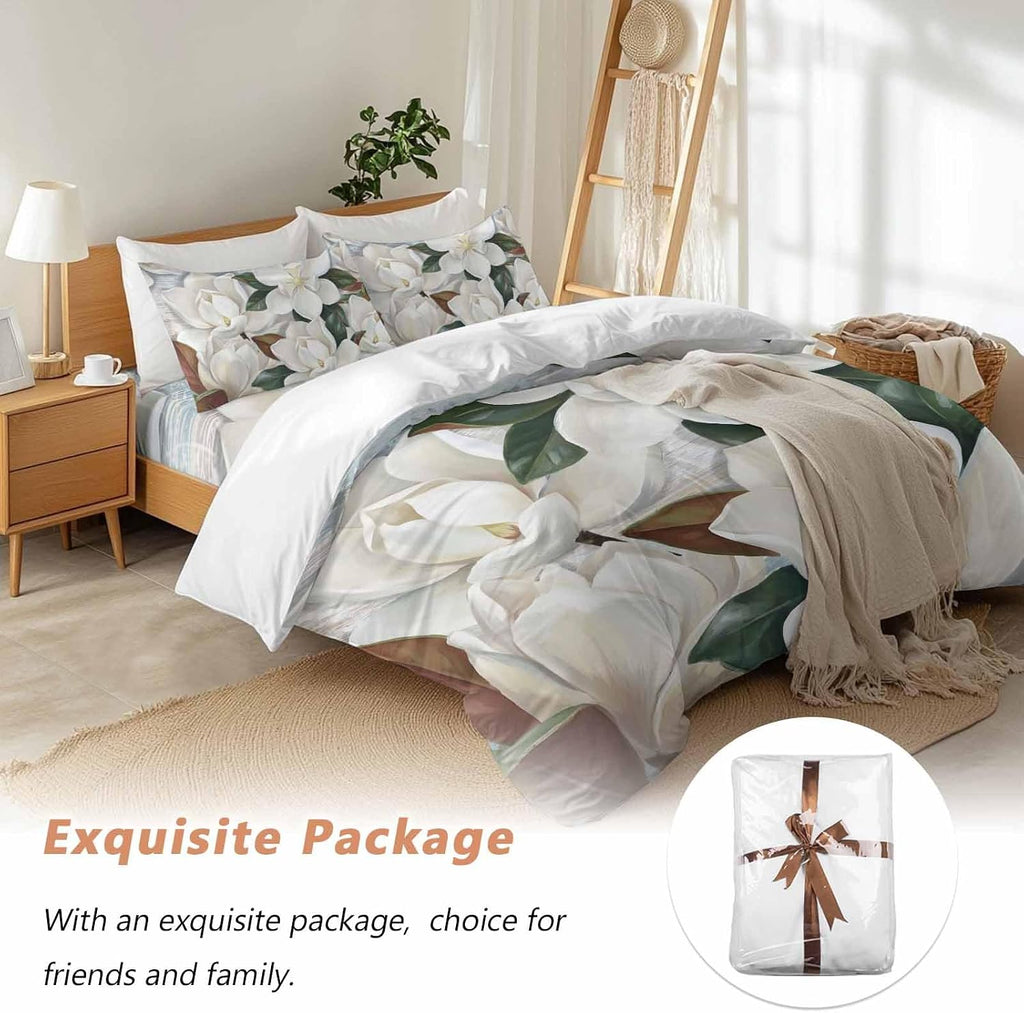 White Floral Duvet Cover Set Queen Size 4 Pieces Spring White Magnolia Vintage Plants Farmhouse Rustic Bedding Set with Zipper Closure, 1 Comforter Cover 90x92 Inches 1 Flat Sheet & 2 Pillow Cases