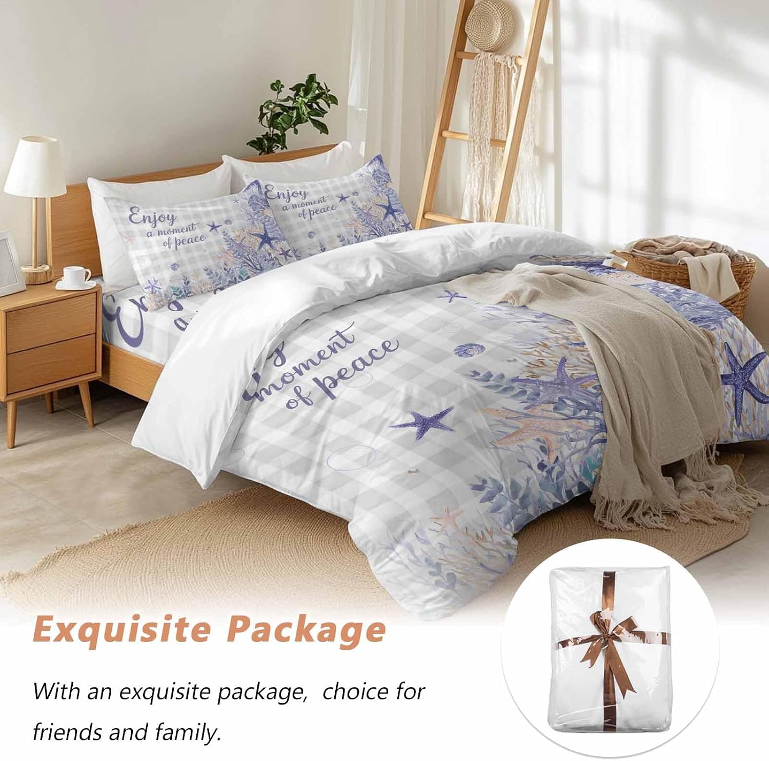 Purple Ocean Duvet Cover Set Queen Size 4 Pieces Enjoy A Moment of Peace Beach Starfish Shell Gray Plaid Bedding Set with Zipper Closure, 1 Comforter Cover 90x92 Inches 1 Flat Sheet & 2 Pillow Cases