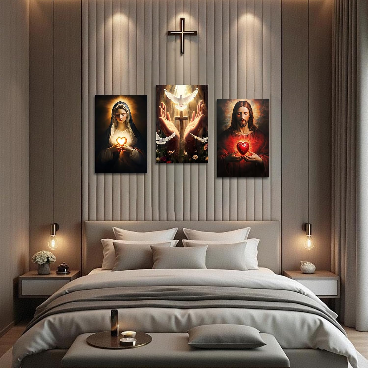 YMXDYMJSW Sacred Heart Wall Art 3 Pieces Jesus Mary Portrait Pictures Christian Catholic Canvas Prints Cross Dove of Peace Paintings for Church Decor Frame (Red,24.00' x 36.00' x 3PCS)