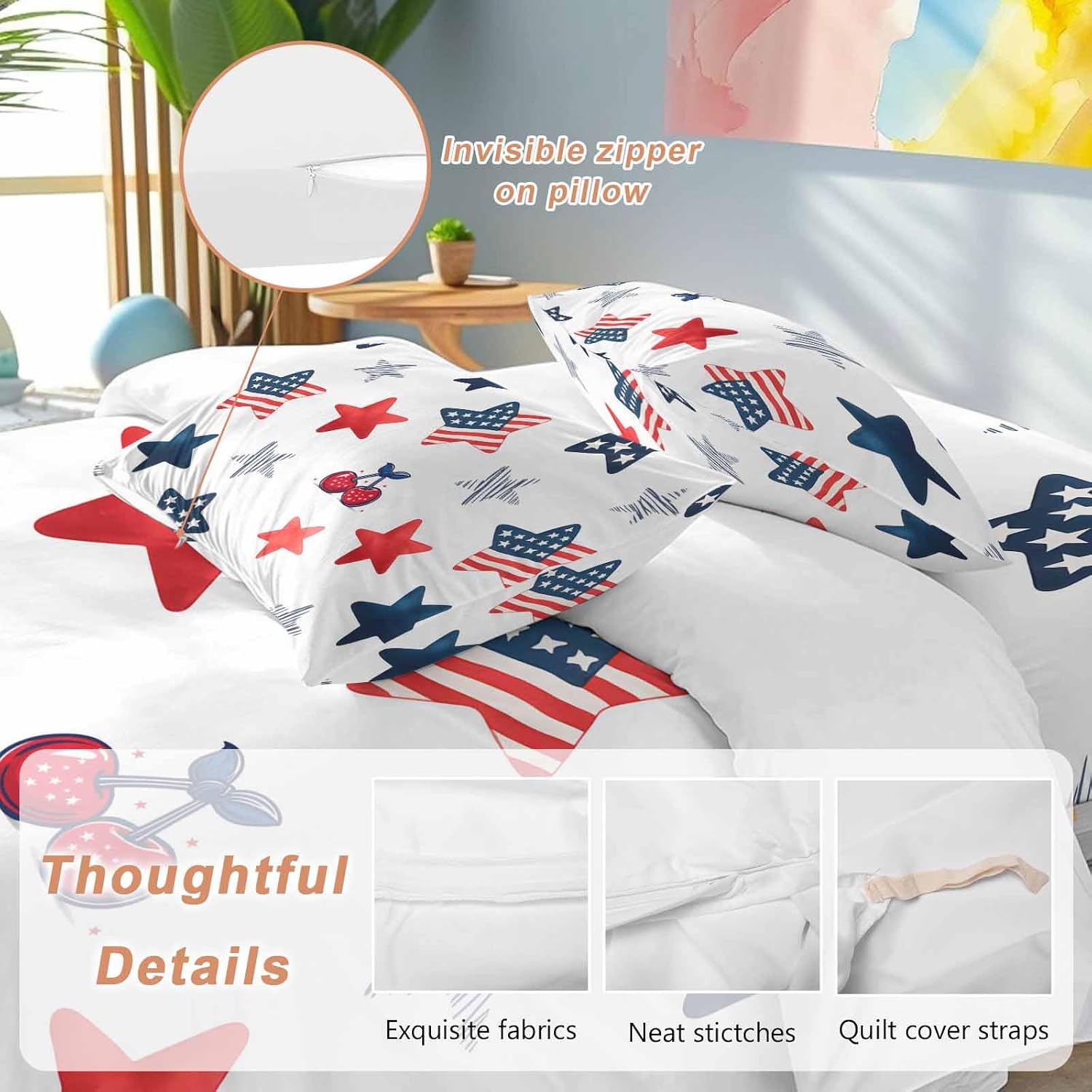 Independence Day Duvet Cover Set Queen Size 4 Pieces Graffiti Five-Pointed Star Cartoon Polka Dot Cherry Bedding Set with Zipper Closure, 1 Comforter Cover 90x92 Inches 1 Flat Sheet & 2 Pillow Cases