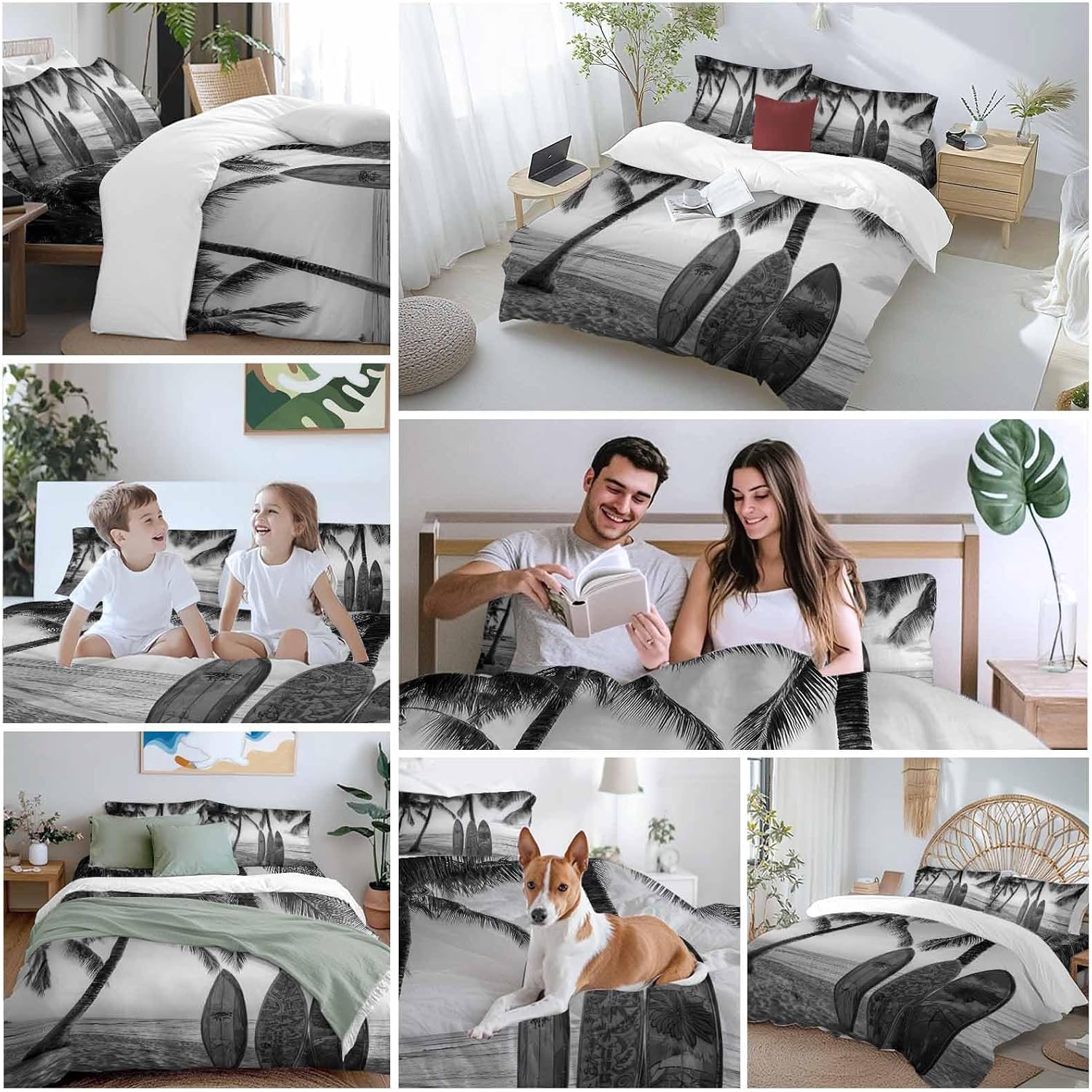 Summer Beach Surf Duvet Cover Set Queen Size 4 Pieces Palm Trees Black And White Surfboard Seaside Bedding Set with Zipper Closure, 1 Comforter Cover 90x92 Inches 1 Flat Sheet & 2 Pillow Cases