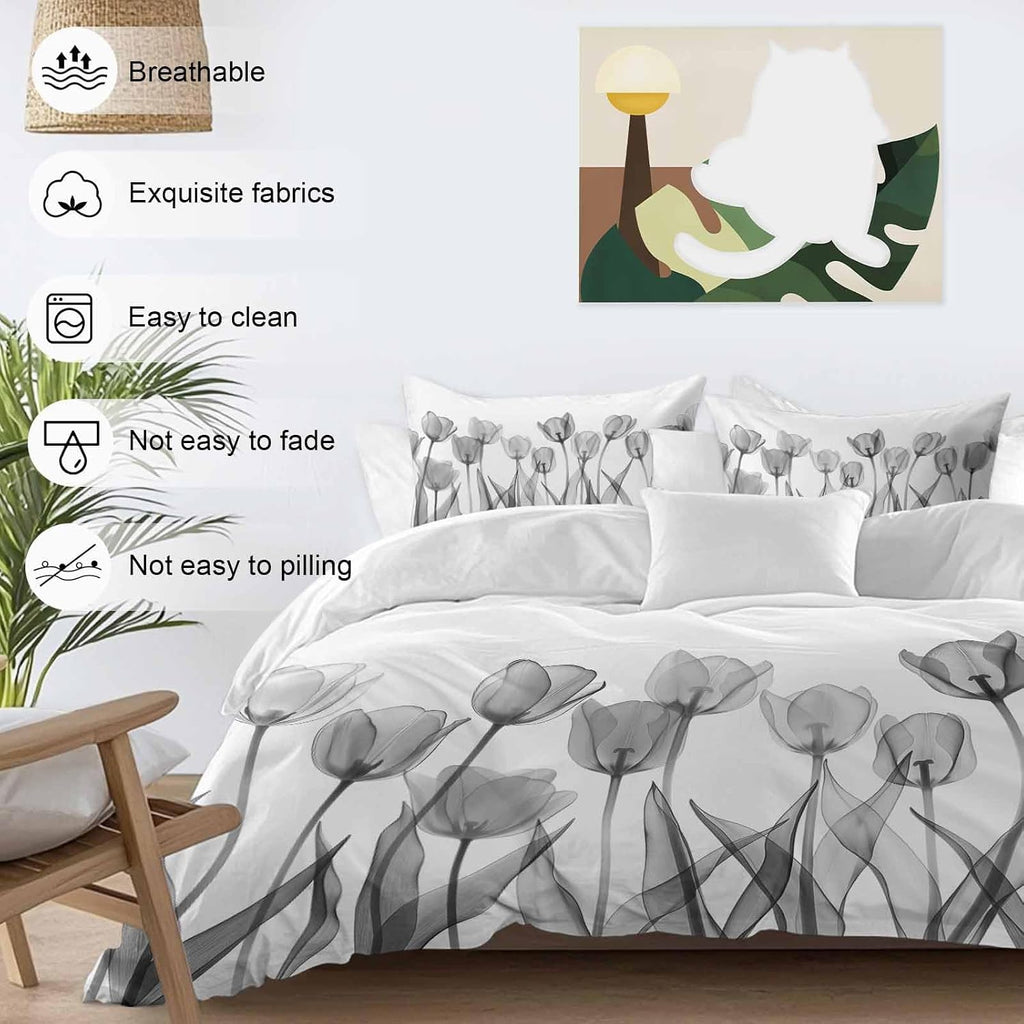 Prime Leader Spring Floral Duvet Cover Set Queen Size 4 Pieces Watercolor Black Tulip Flowers Pattern Bedding Set with Zipper Closure, 1 Comforter Cover 90x92 Inches 1 Flat Sheet & 2 Pillow Cases