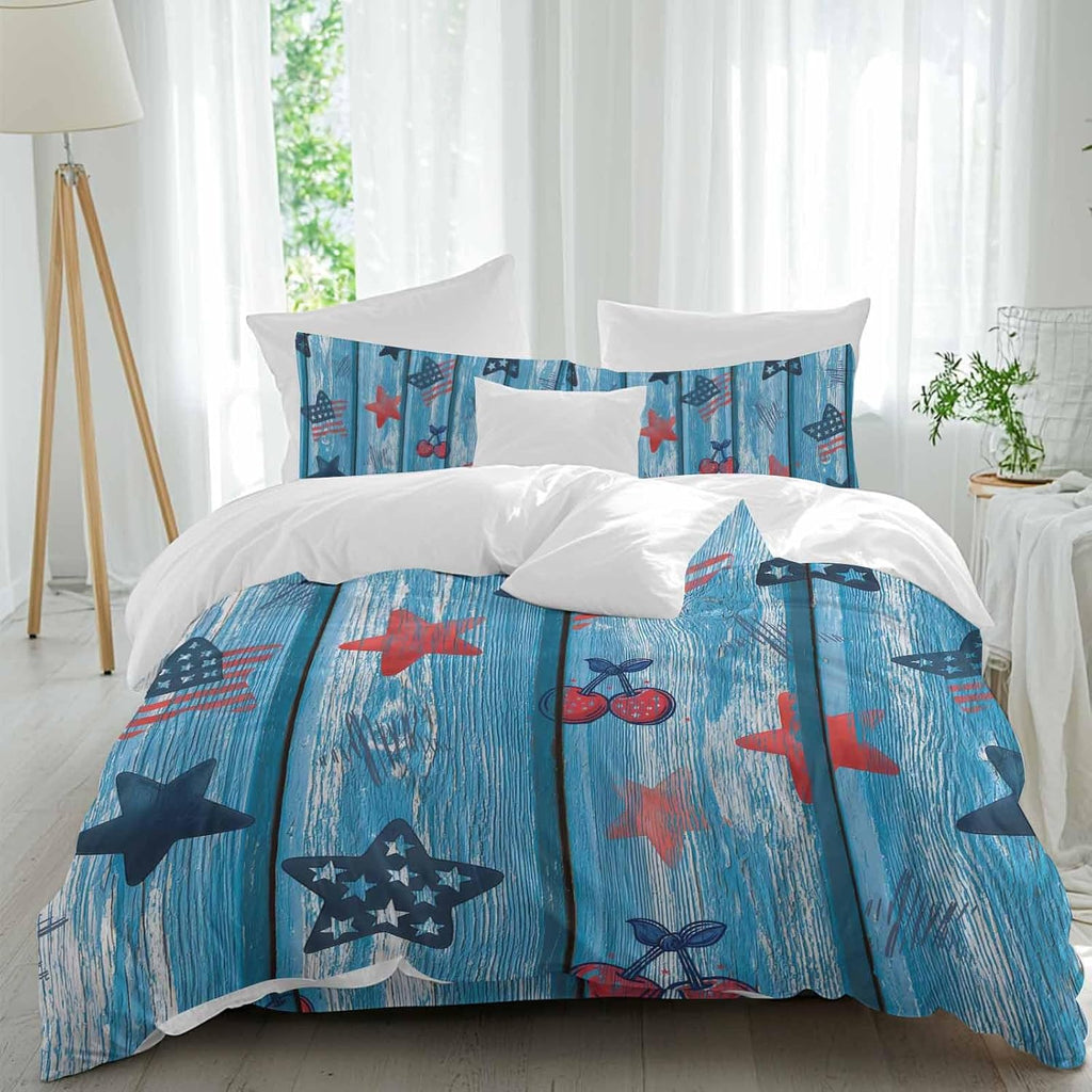 Independence Day Duvet Cover Set Queen Size 4 Pieces Graffiti Five-Pointed Star Blue Wood Grain Bedding Set with Zipper Closure, 1 Comforter Cover 90x92 Inches 1 Flat Sheet & 2 Pillow Cases