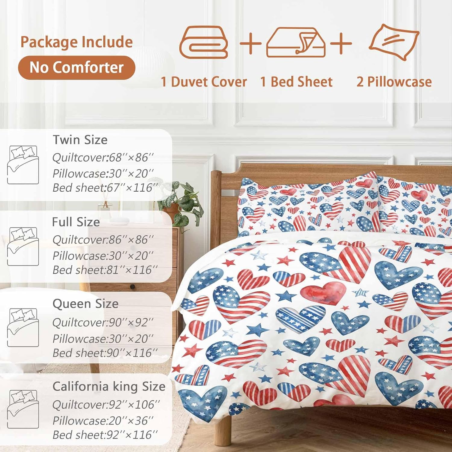 Independence Day Duvet Cover Set Queen Size 4 Pieces U. S. Flag Themed Love Heart Five-Pointed Stars Bedding Set with Zipper Closure, 1 Comforter Cover 90x92 Inches 1 Flat Sheet & 2 Pillow Cases