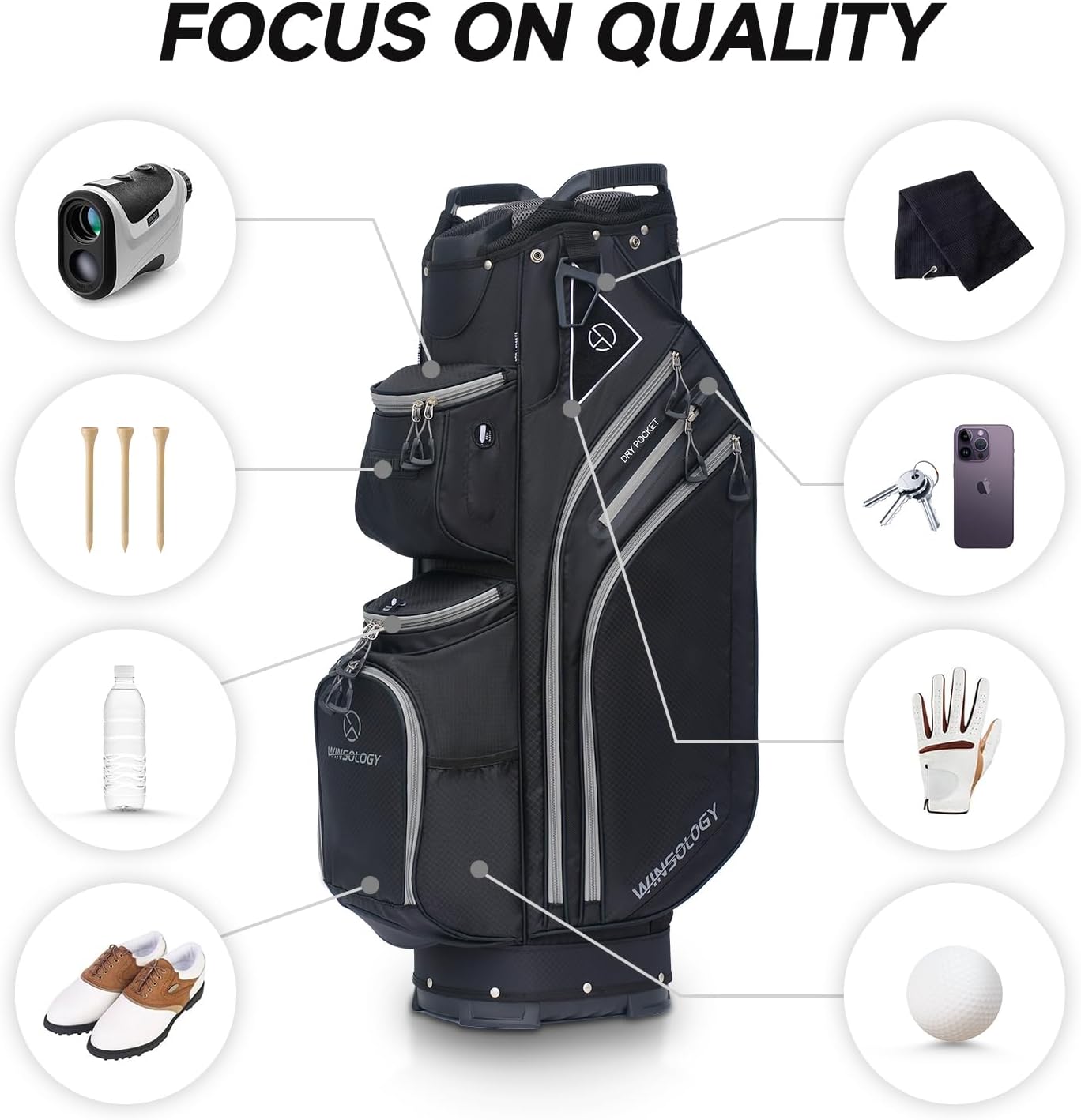Max Lightweight Golf Cart Bag with Dual Handles and 14 Way Individual Full Length Dividers, Golf Club Bag with 11 Pockets, Large Putter Well, Double Strap Cooler for Men & Women