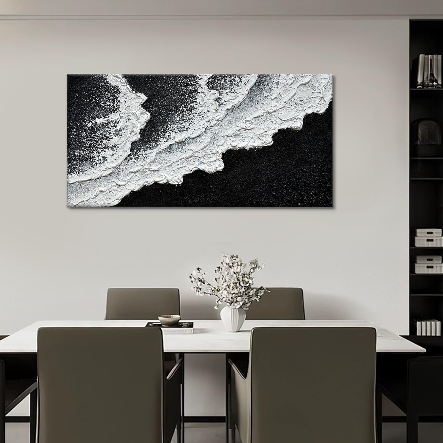 Black and White Beach Wave Textured Wall Art 3D Oil Painting Hand Painted Abstract Large Canvas Framed 29x58 Inch Acrylic Painting