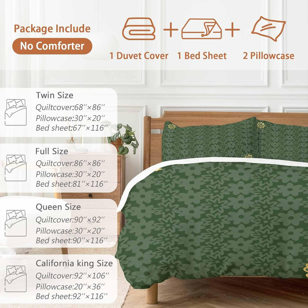 Prime Leader Flowers Duvet Cover Set Queen Size 4 Pieces Spring Green Yellow Daisy Floral Green Bedding Set with Zipper Closure, 1 Comforter Cover 92x106 Inches 1 Flat Sheet & 2 Pillow Cases