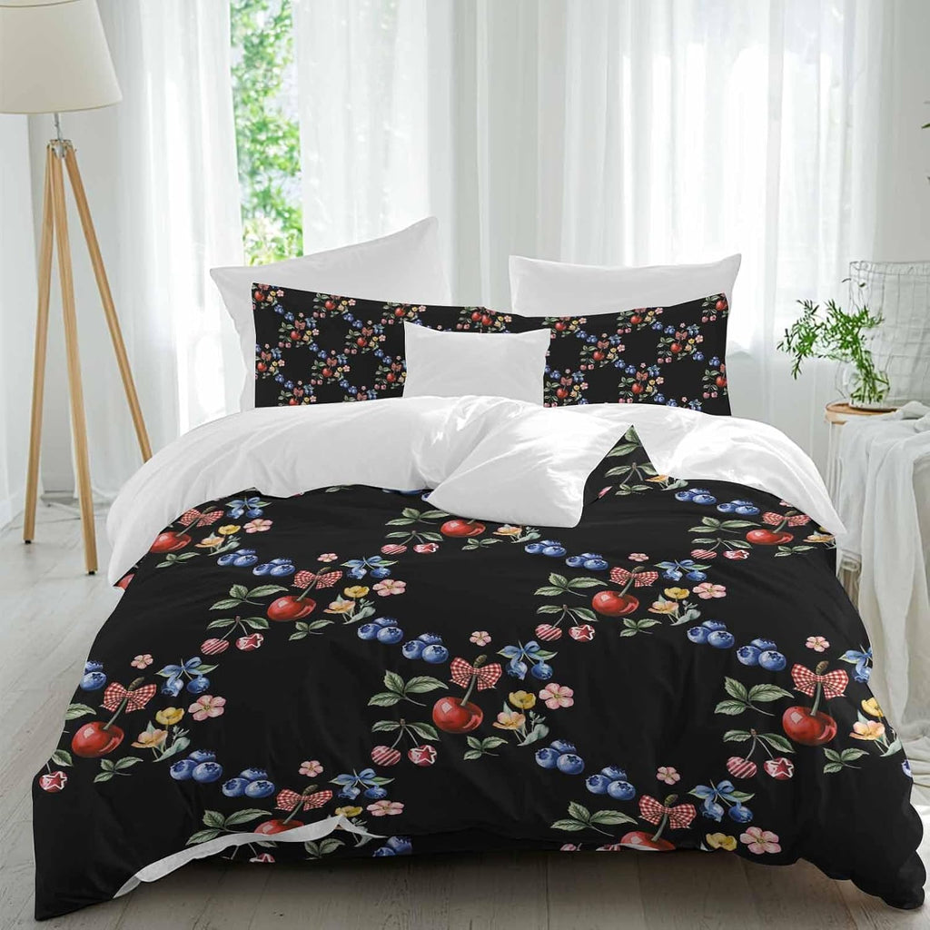 Red Cherry Blueberry Duvet Cover Set Queen Size 4 Pieces Country Farmhouse Flower Green Leaf Black Bedding Set with Zipper Closure, 1 Comforter Cover 90x92 Inches 1 Flat Sheet & 2 Pillow Cases