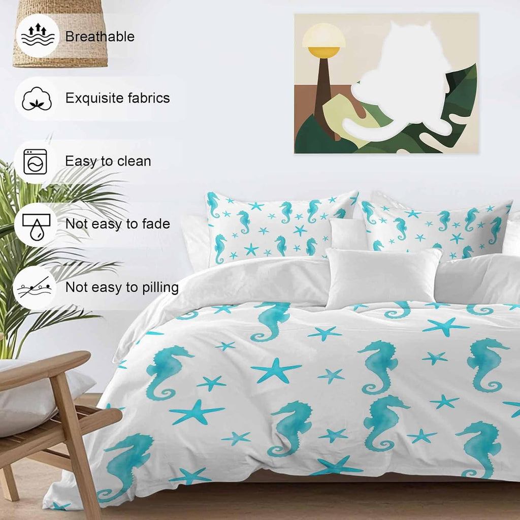 Turquoise Marine Life Duvet Cover Set Queen Size 4 Pieces Summer Seahorse and Starfish Ocean Bedding Set with Zipper Closure, 1 Comforter Cover 92x106 Inches 1 Flat Sheet & 2 Pillow Cases