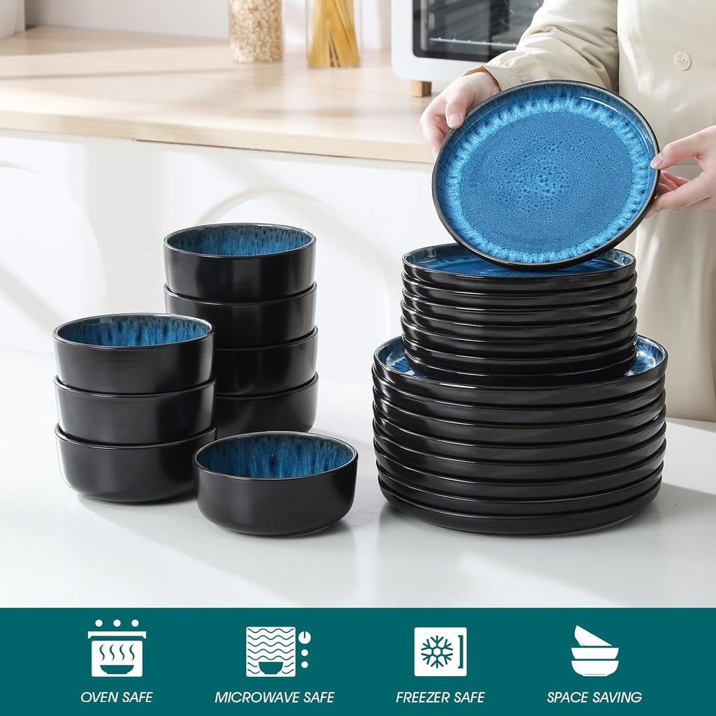 vancasso PLAYA Plates and Bowls Sets, 24 Pieces Blue Dinnerware Sets for Kitchen, Reactive Glaze Dishes Set for 8, Dishwasher and Microwave Safe