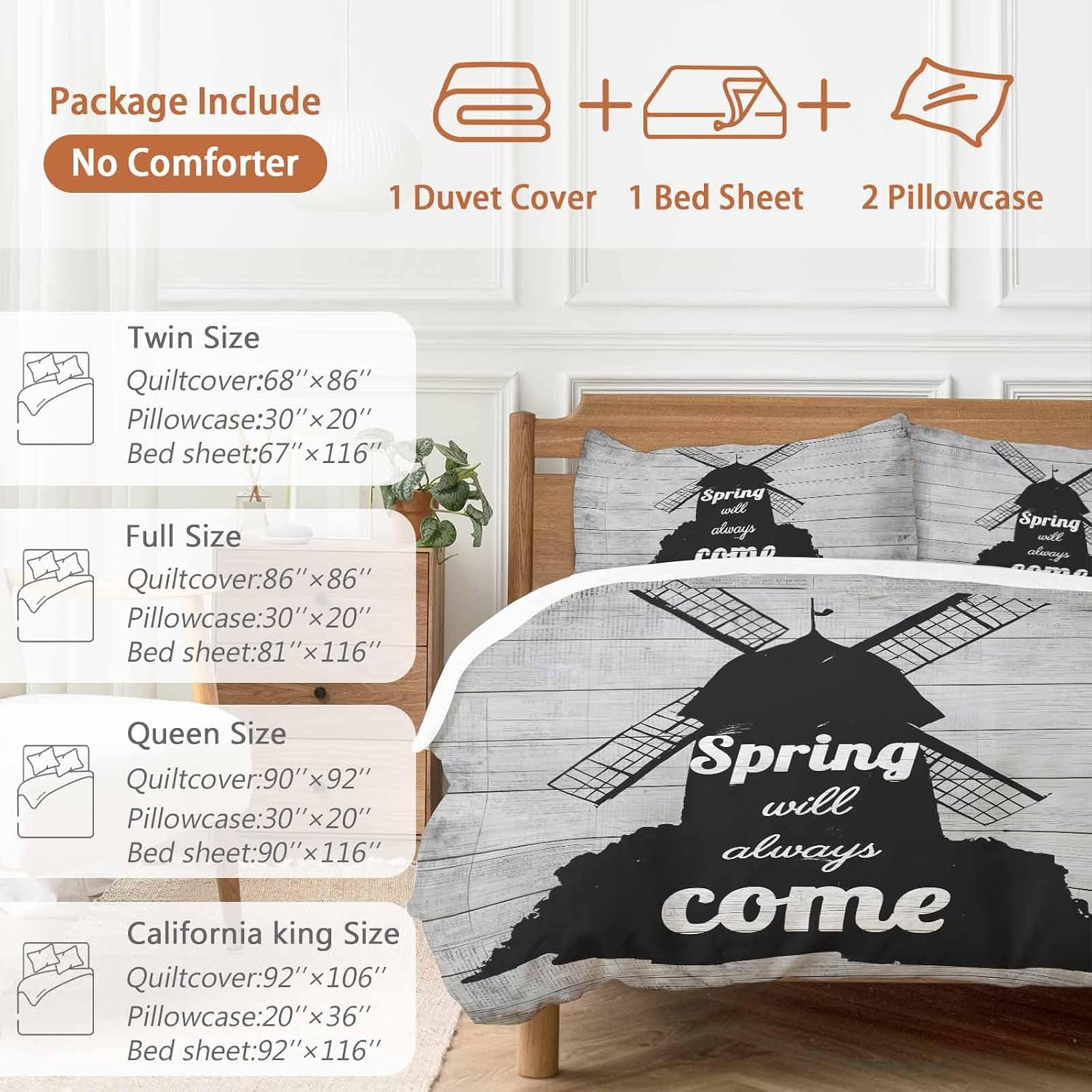 Black Windmill Duvet Cover Set Queen Size 4 Pieces Spring Will Always Come Letters Gray Wood Grain Bedding Set with Zipper Closure, 1 Comforter Cover 90x92 Inches 1 Flat Sheet & 2 Pillow Cases