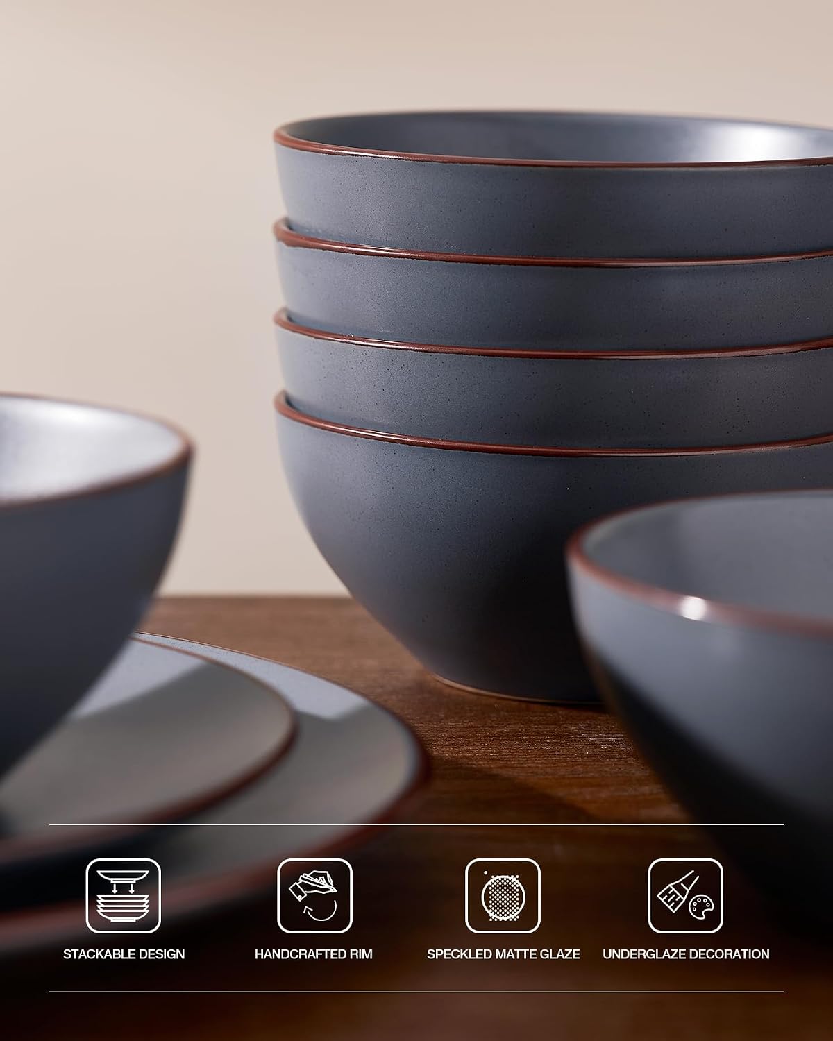 Famiware Venus 16-Piece Stoneware Dinnerware Sets with Mugs, Plates, Bowls, Service for 4, Matte Charcoal - Modern Ceramic Chip‑Resistant Dishes for Everyday & Formal Use, Microwave & Dishwasher Safe