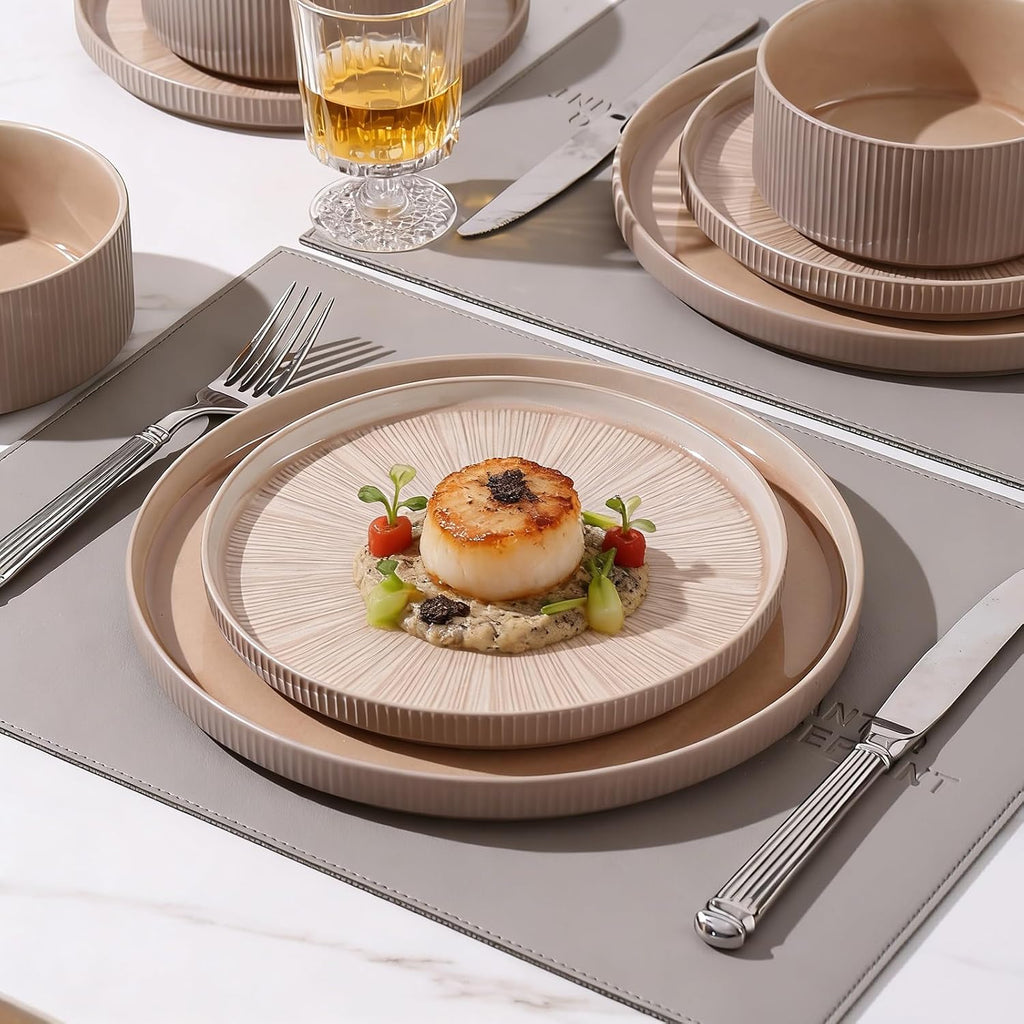 Dinnerware Sets, Ceramic Plates and Bowls Set 24 Piece Dinnerware for 8 Chip Resistant Stoneware with Advanced Inkjet Printing Technology, Dishwasher and Microwave Safe-Dusty Brown
