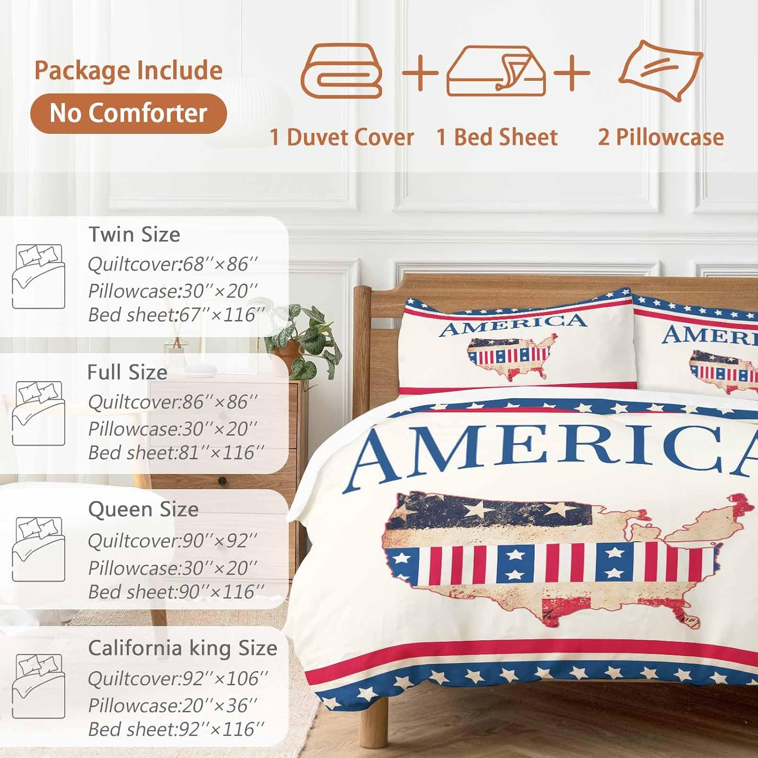 Independence Day Duvet Cover Set Queen Size 4 Pieces American Flag Retro Map Beige Background Red Stripes Bedding Set with Zipper Closure, 1 Comforter Cover 86x86 Inches 1 Flat Sheet & 2 Pillow Cases