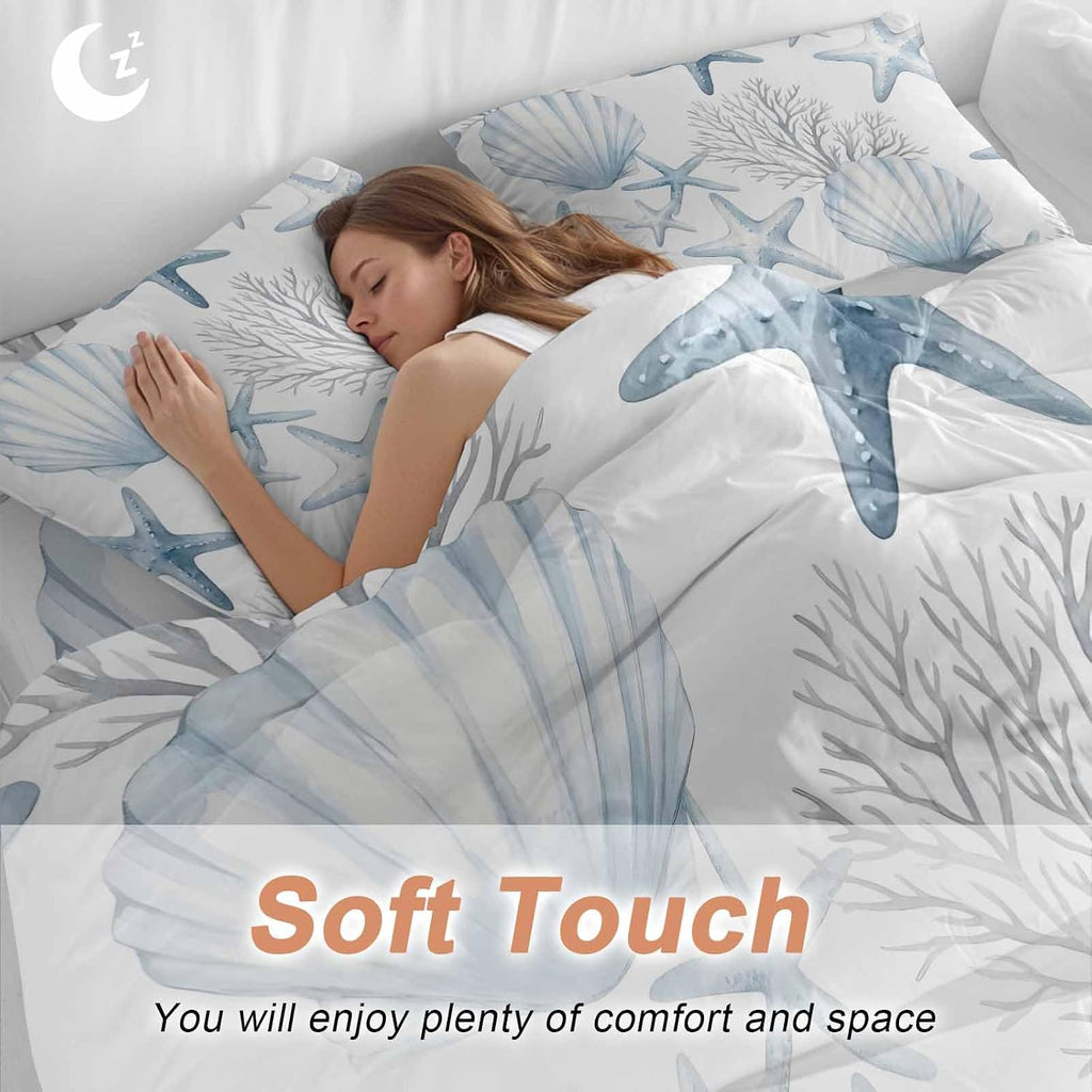 Summer Ocean Shell Duvet Cover Set Queen Size 4 Pieces Nautical Watercolor Blue Starfish Seashell Coral Bedding Set with Zipper Closure, 1 Comforter Cover 86x86 Inches 1 Flat Sheet & 2 Pillow Cases