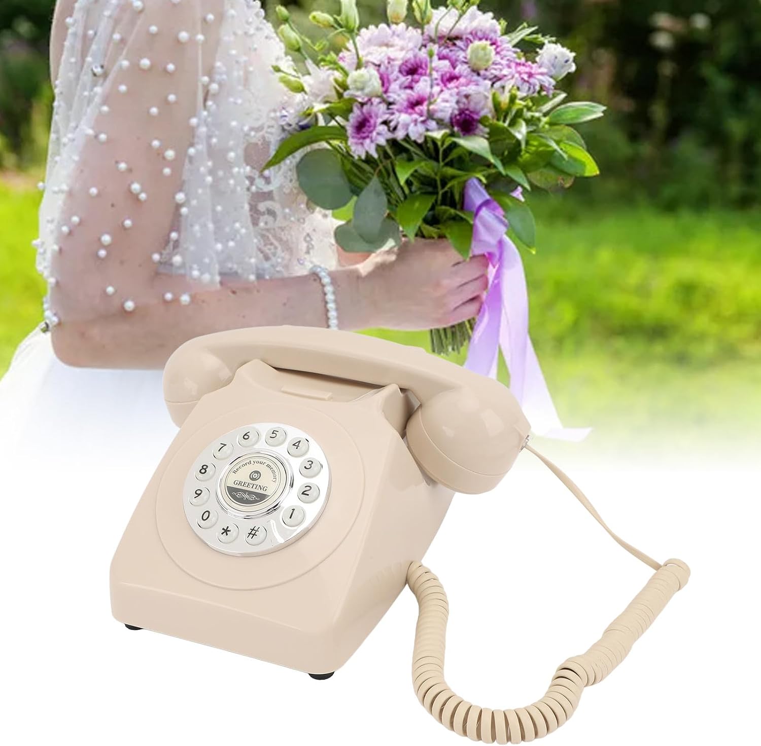 Audio Guest Book Wedding Phone, Clear Sound Convenient Use Audio Message Recording Telephone, Retro Phone Audio GuestBook for Wedding Event Birthday Party (Beige)