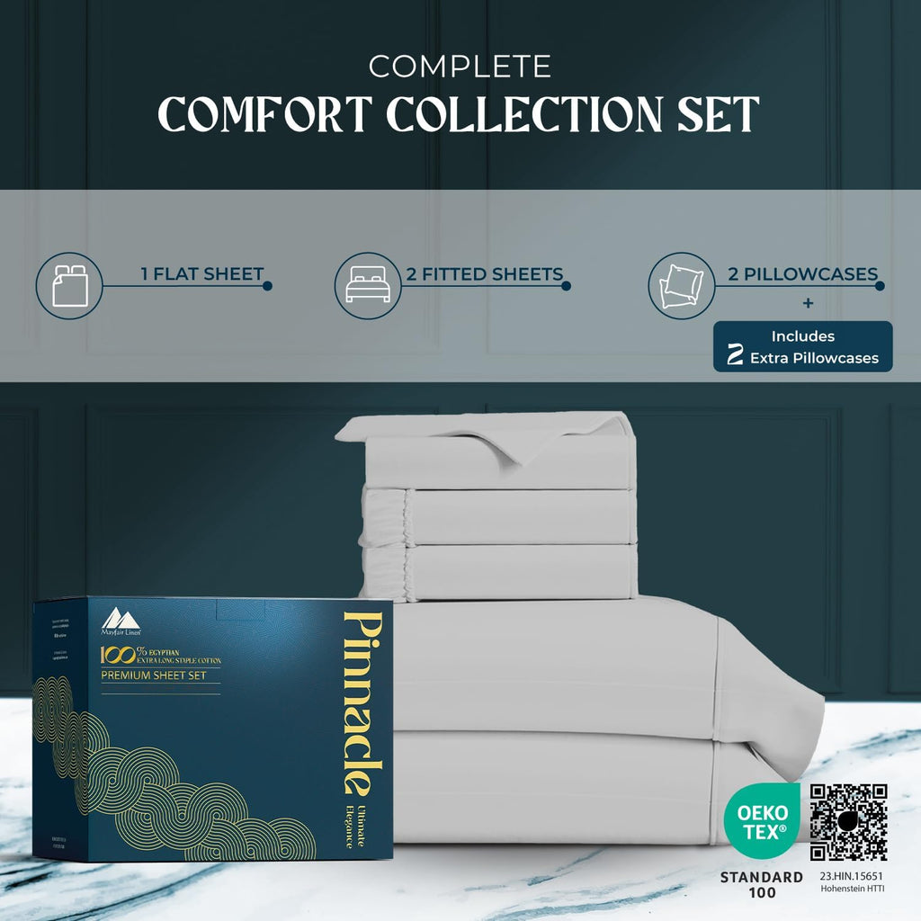 Mayfair Linen 100% Egyptian Cotton Split King Sheets Sets for Adjustable Bed - Luxury 1500 Series Split Top King Sheet Set (5 PC, Light Grey), Cooling & Breathable, Sateen Weave 17' Deep Pocket Sheet
