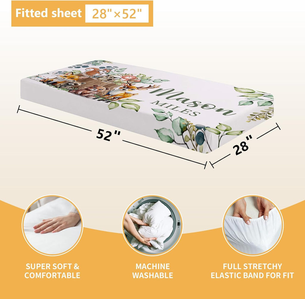 Terwex Personalized Baby Bedding Set, 5 Pcs Custom Baby Crib Sets with Name, Toddler Bedding Set for Baby Boys Girls, Forest Animal Double Layer Nursery Bedding Set, Customized Gifts for Infants Kids