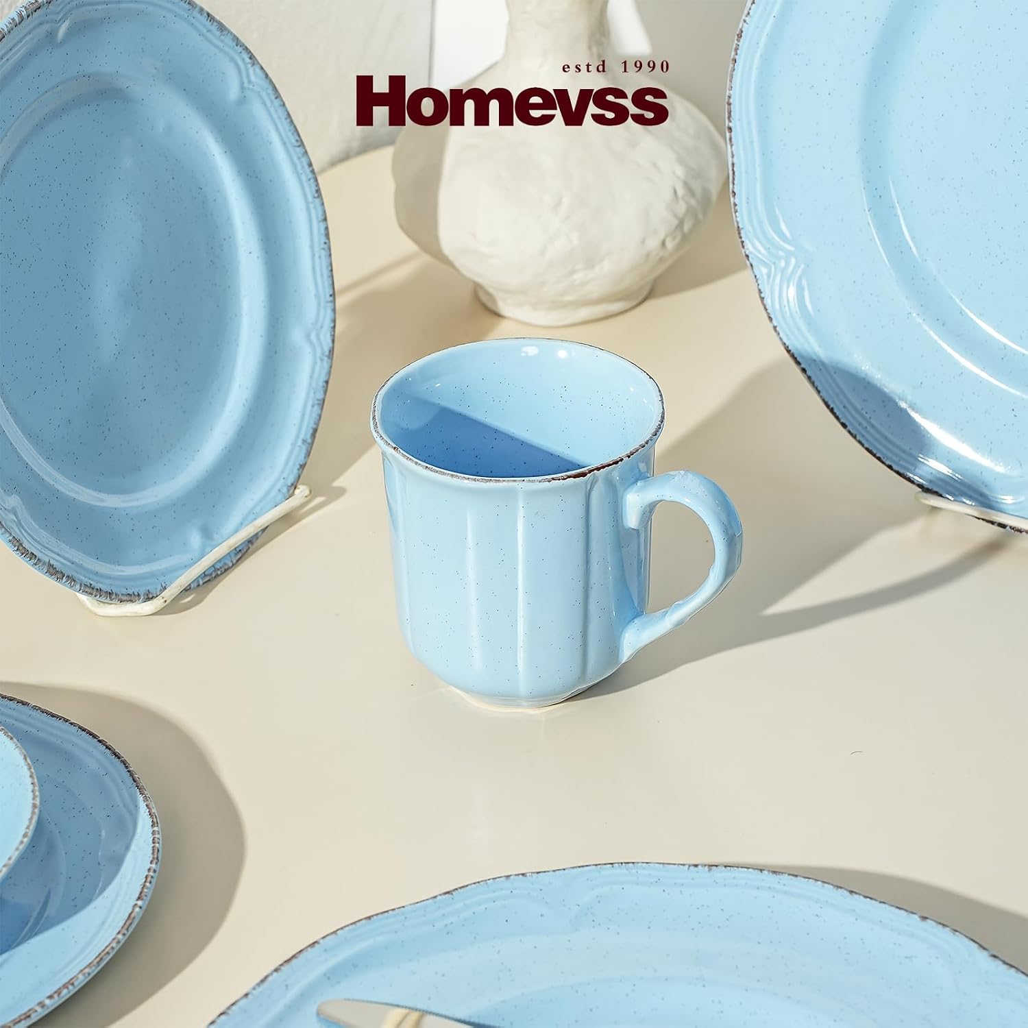 20pc Dinnerware Set, Plate and Bowl Set, Stoneware Dishes Set for 4, Microwave and Dishwahser Safe, Scratch Resistant, French Countryside Speckled Antique Blue