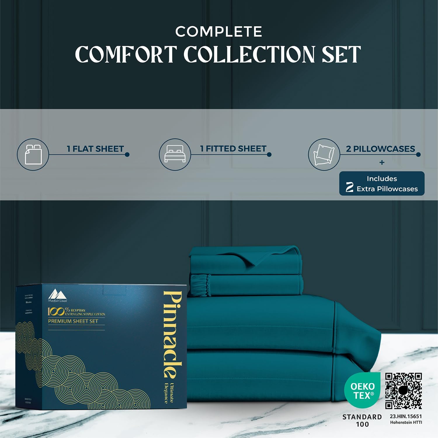 Mayfair Linen 100% Egyptian Cotton Sheets King Size - 1500 Series King Size Sheets Set Egyptian Cotton, Luxury Bedsheet (Teal, 4 PC), Soft, Cooling, 17' Deep Pocket Sateen Weave Bedsheet Set