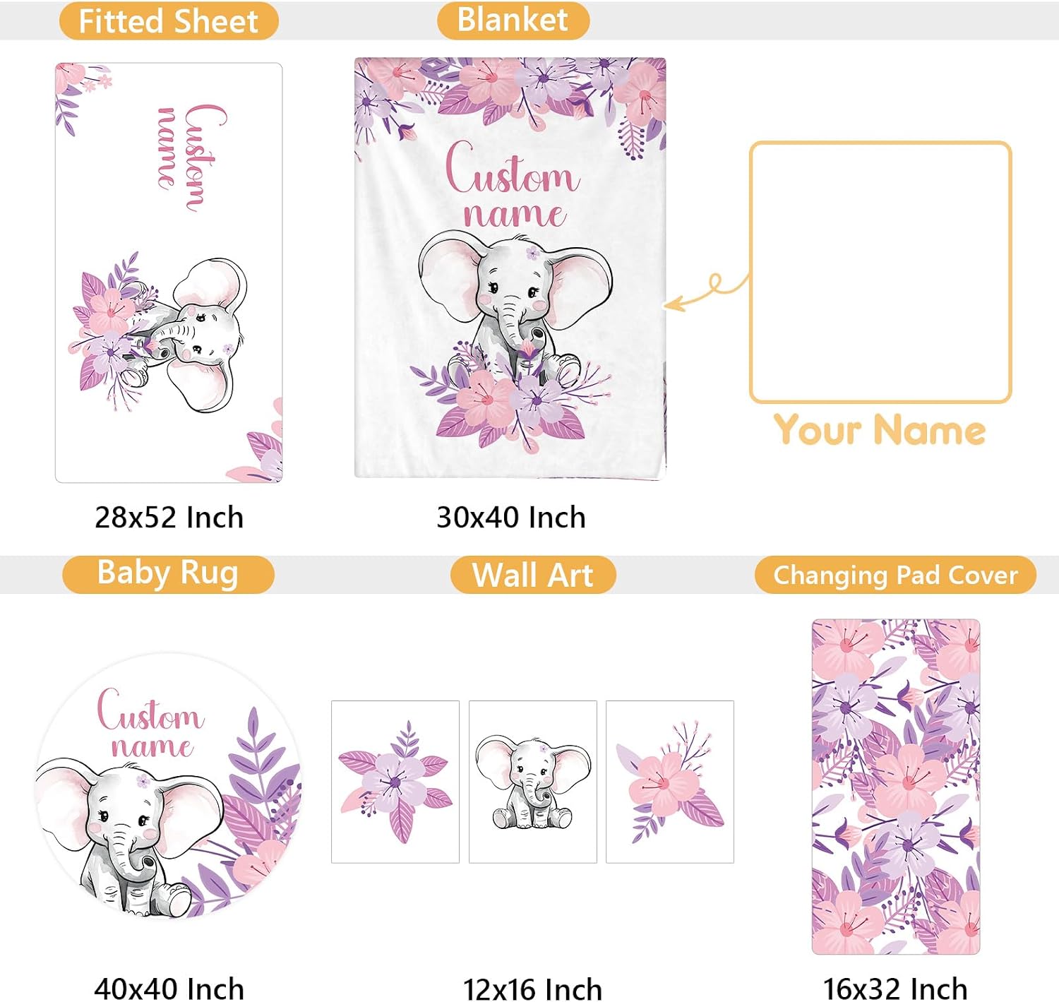 Terwex Personalized Toddler Bedding Set, 5 Pcs Custom Name Crib Bedding Set for Girls, Purple Elephant Flannel Baby Crib Bedding Set, Double Layer Baby Crib Set, Customized Gifts for Infants Newborns