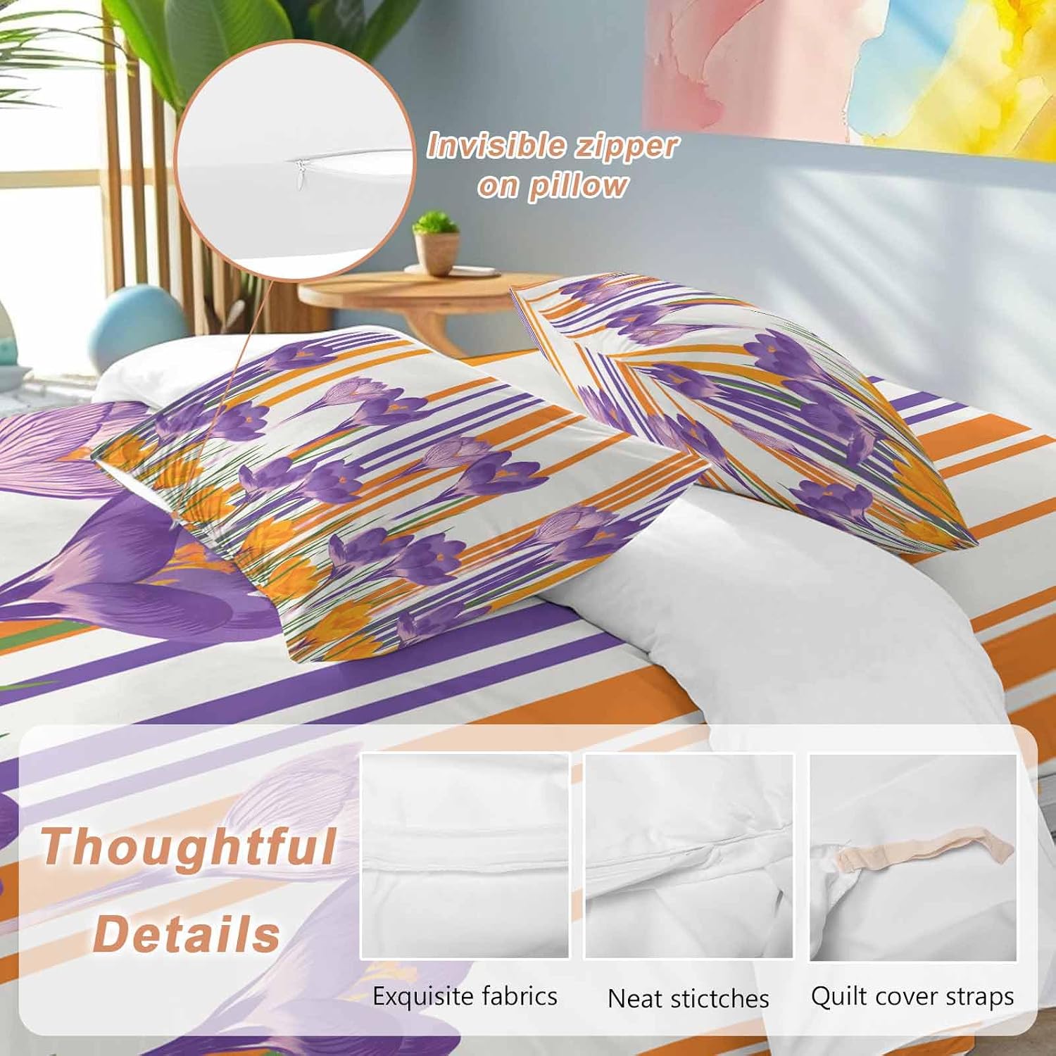 Spring Floral Duvet Cover Set Queen Size 4 Pieces Purple Yellow Gradient Flowers Colorful Stripe Bedding Set with Zipper Closure, 1 Comforter Cover 92x106 Inches 1 Flat Sheet & 2 Pillow Cases