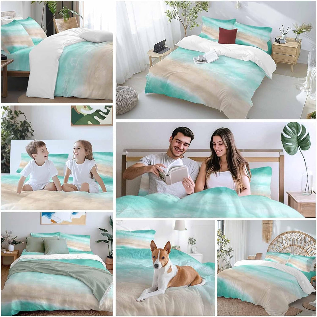 Summer Beach Duvet Cover Set Queen Size 4 Pieces Teal Green Gradient Ocean Wave Beige Sand Abstract Bedding Set with Zipper Closure, 1 Comforter Cover 86x86 Inches 1 Flat Sheet & 2 Pillow Cases