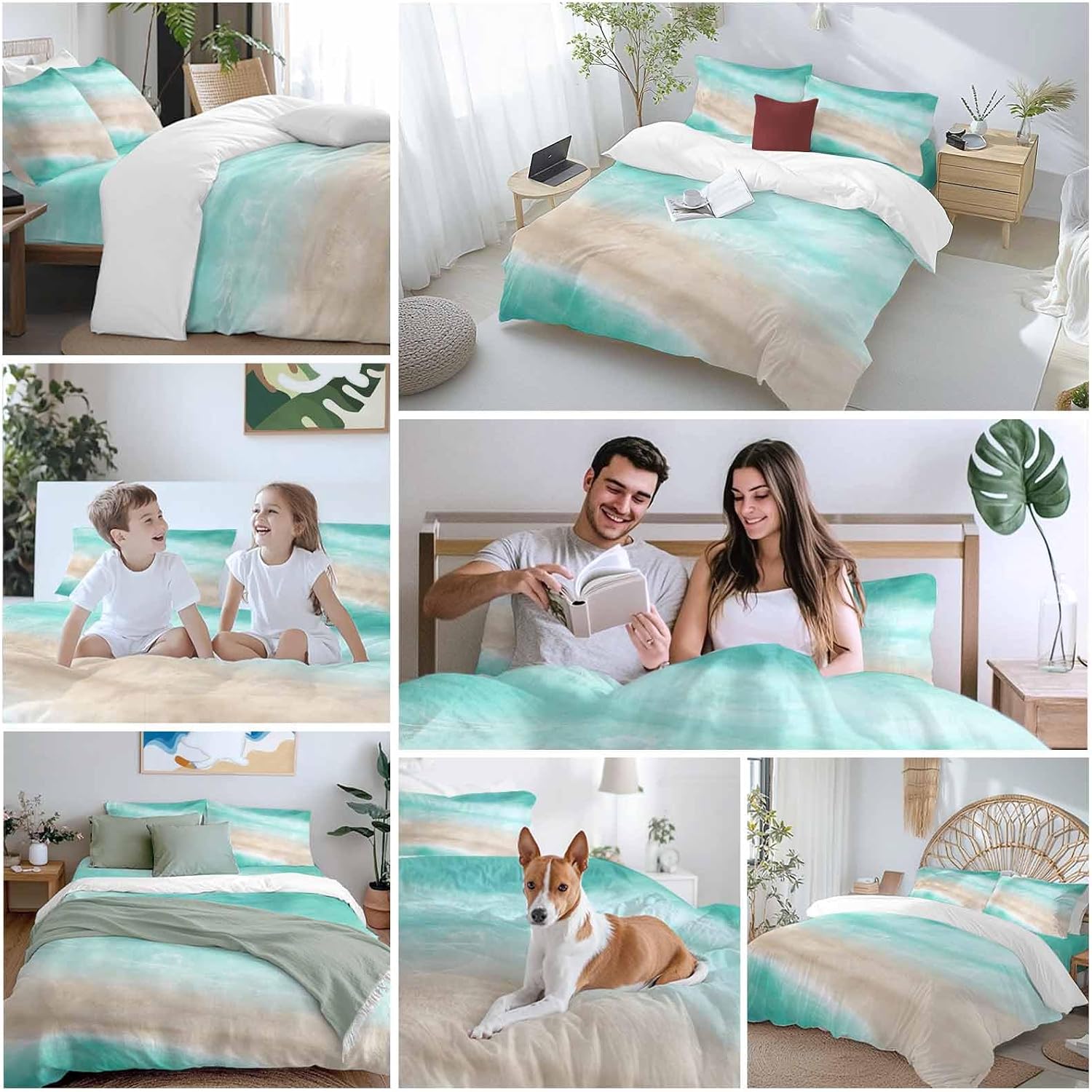 Summer Beach Duvet Cover Set Queen Size 4 Pieces Teal Green Gradient Ocean Wave Beige Sand Abstract Bedding Set with Zipper Closure, 1 Comforter Cover 86x86 Inches 1 Flat Sheet & 2 Pillow Cases
